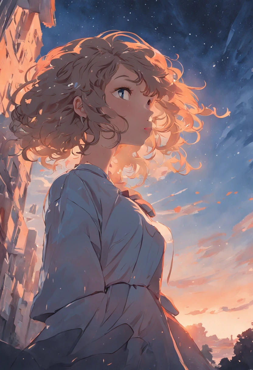 Hello! Estou buscando um desenho que retrate uma cena serena e inspiradora. I would like an illustration of a girl with curly hair, vista de costas, in the midst of a moment of contemplation. A deve estar posicionada em um ambiente tranquilo, with his gaze turned to the sky. Feel free to highlight hair curls and capture the expression of wonder on your face. The surrounding scenery may include natural elements, such as trees or flowers, para criar uma atmosfera serena. Sunlight or ambient lighting should emphasize the sense of calm and wonder. Por favor, Give a special artistic touch to the sky scene, be with a clear blue sky, soft clouds or an impressive sunset. I look forward to seeing your unique interpretation of this moment