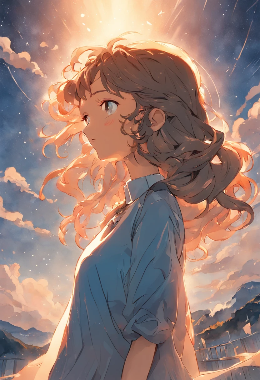Hello! Estou buscando um desenho que retrate uma cena serena e inspiradora. I would like an illustration of a girl with curly hair, vista de costas, in the midst of a moment of contemplation. A menina deve estar posicionada em um ambiente tranquilo, with his gaze turned to the sky. Feel free to highlight hair curls and capture the expression of wonder on your face. The surrounding scenery may include natural elements, such as trees or flowers, para criar uma atmosfera serena. Sunlight or ambient lighting should emphasize the sense of calm and wonder. Por favor, Give a special artistic touch to the sky scene, be with a clear blue sky, soft clouds or an impressive sunset. I look forward to seeing your unique interpretation of this moment
