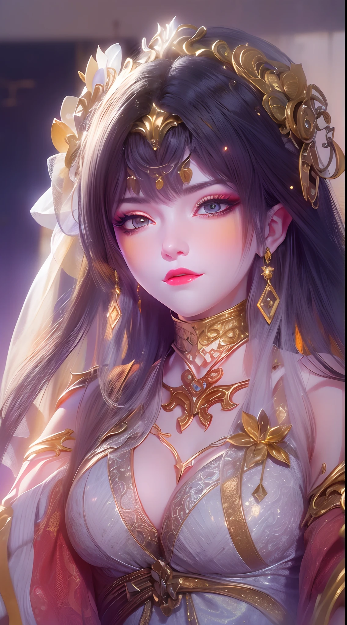1 20 year old girl, 1 goddess Athena, pink purple silk dress, beautiful goddess Athena face without blemishes, delicate yellow nightgown, long thin sequin nightgown with many sexy black lace details, 1 beautiful thin red silk cloth half veil, female saint legend, female saint icon, beautiful goddess style glitter, dark and mysterious version, vermilion lips, plump red lips, not smiling, mouth closed, delicate and beautiful pino detailing, delicate and beautiful lip detail, , (pure and flawless face: 1.9), female saint body, round chest, big and round breasts, phoenix brooch, long flat bangs, (7-color rainbow hair: 1.9), flower stickers tattoo on forehead, beautiful clear face and well-proportioned eyes, (transparent yellow eyes: 1.8), (big round eyes and makeup, sexy wet eye makeup, very beautiful and meticulous hair makeup, long and delicate blonde hair, delicate, body image: 1.8), figure: and vivid, (stars that make up the sky: 1.7), (the sky of heaven and the fictitious gate of time and space: 1.8), fictional art, RAW photos, hanfu photos, best photos, high resolution, best quality, best photos, best goddess quality, 8k female, super 8 single saint portraits, truest color schemes, masterpieces, best beauty brands, best hair jewelry, brand real photo, dark studio, border light, two-tone lighting, (rose white skin: 1.4), (high skin detail: 1.1), 8k uhd, d slr, soft light, 8k, high quality, candid, volume Smooth and sharp, 10x pixel increase, sexy goddess, sexy goddess, (background space: 1.8), (most beautiful aurora eyes: 1.7), beautiful eyes, aurora beautiful and flowery, (beautiful single girl: 1.8), (more details:0.8),