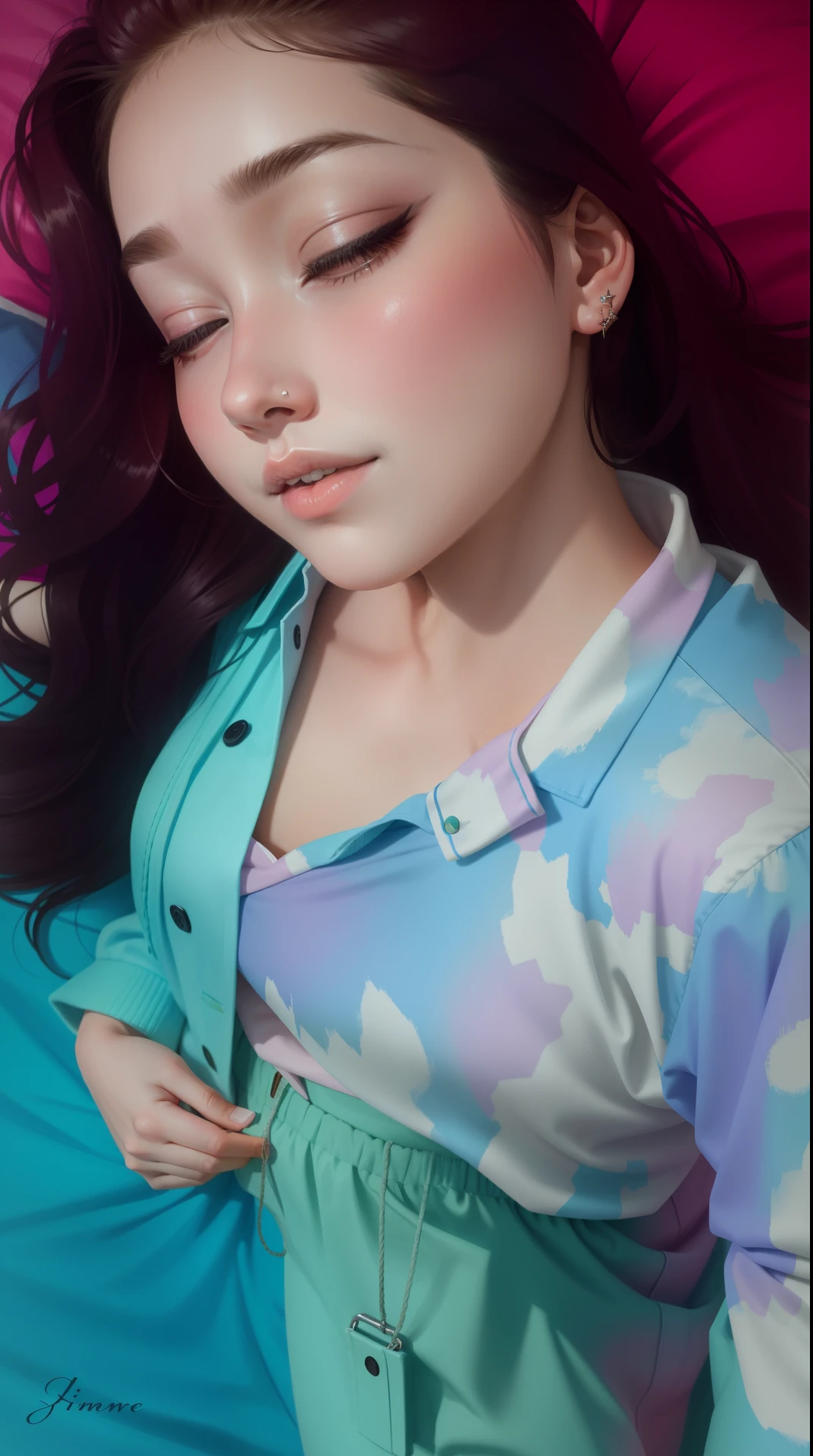 Sleeping girl, 22 years old, realistic, she is wearing long pants, she is wearing pink pajama, brown hair.
