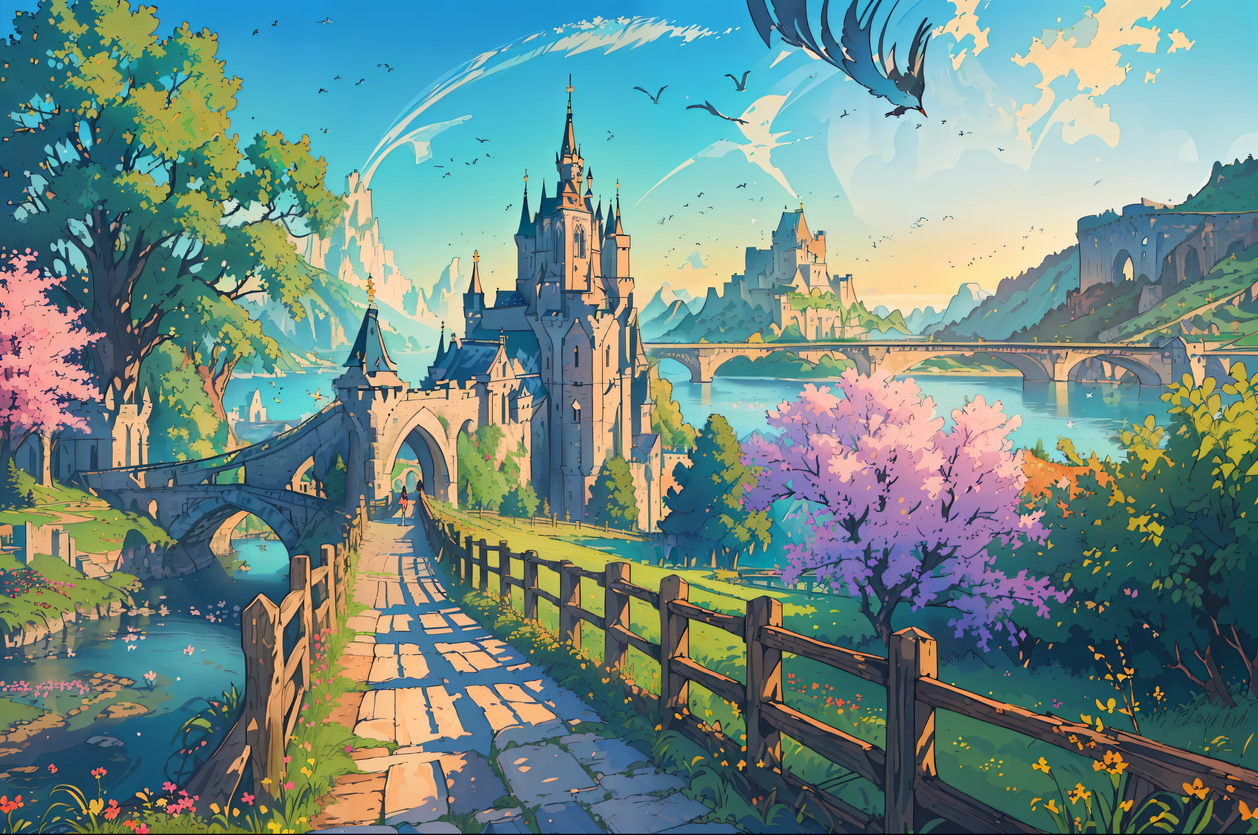 ((masterpiece,best quality,official art,unity 8k wallpaper,absurdres , highres, (1girl:1.4),looking ahead,(breathtaking landscapes:1.2), natural wonders, serene vistas, outdoor exploration, (diverse ecosystems:1.2), scenic beauty, tree,castle,village,flowers,bridge,fence, birds --v6