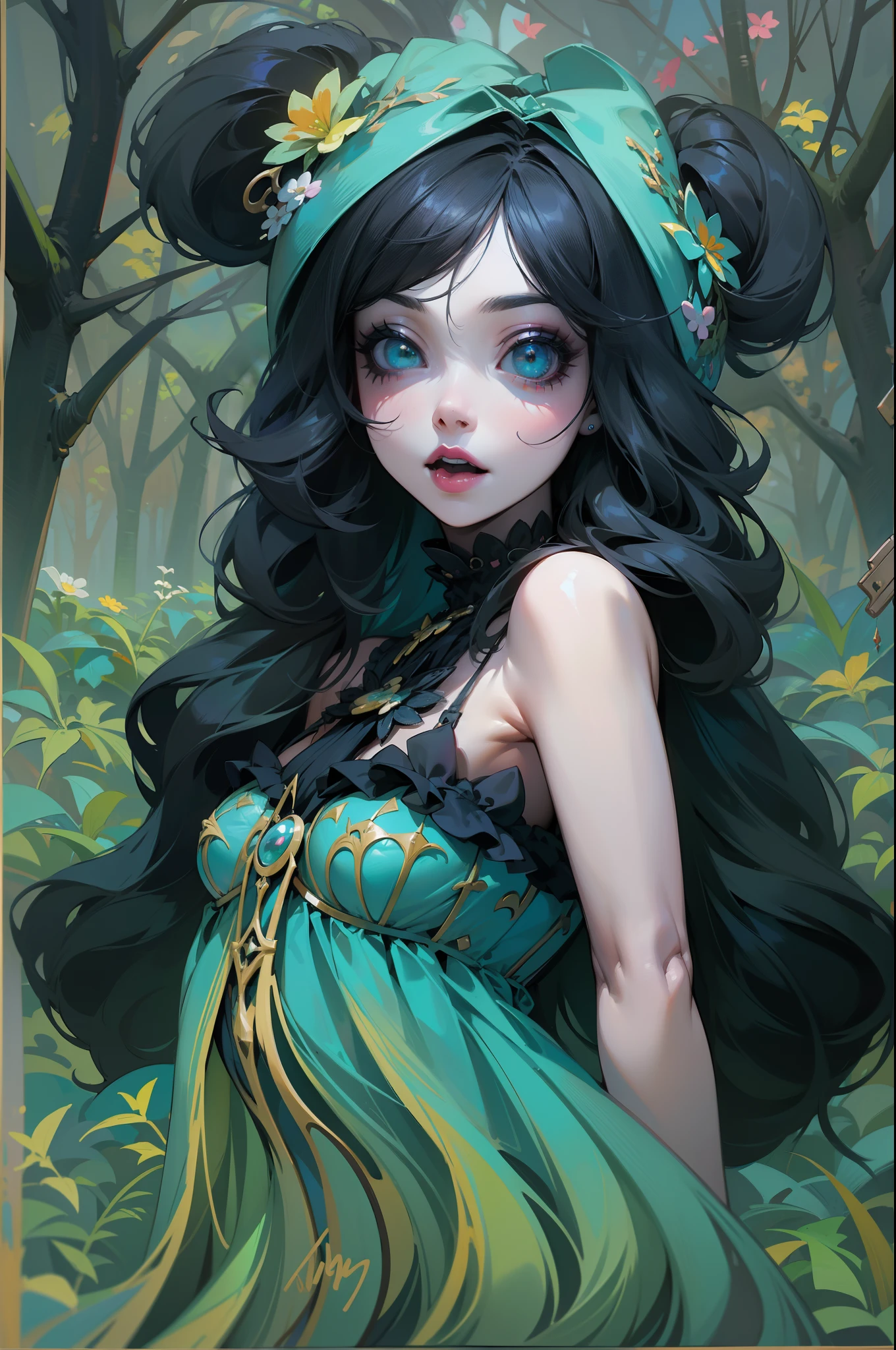 En un hermoso parque una mujer de aspecto moderno. It has a very colorful and striking kawaii gothic style.., con un maquillaje elegante y una peluca colorida.