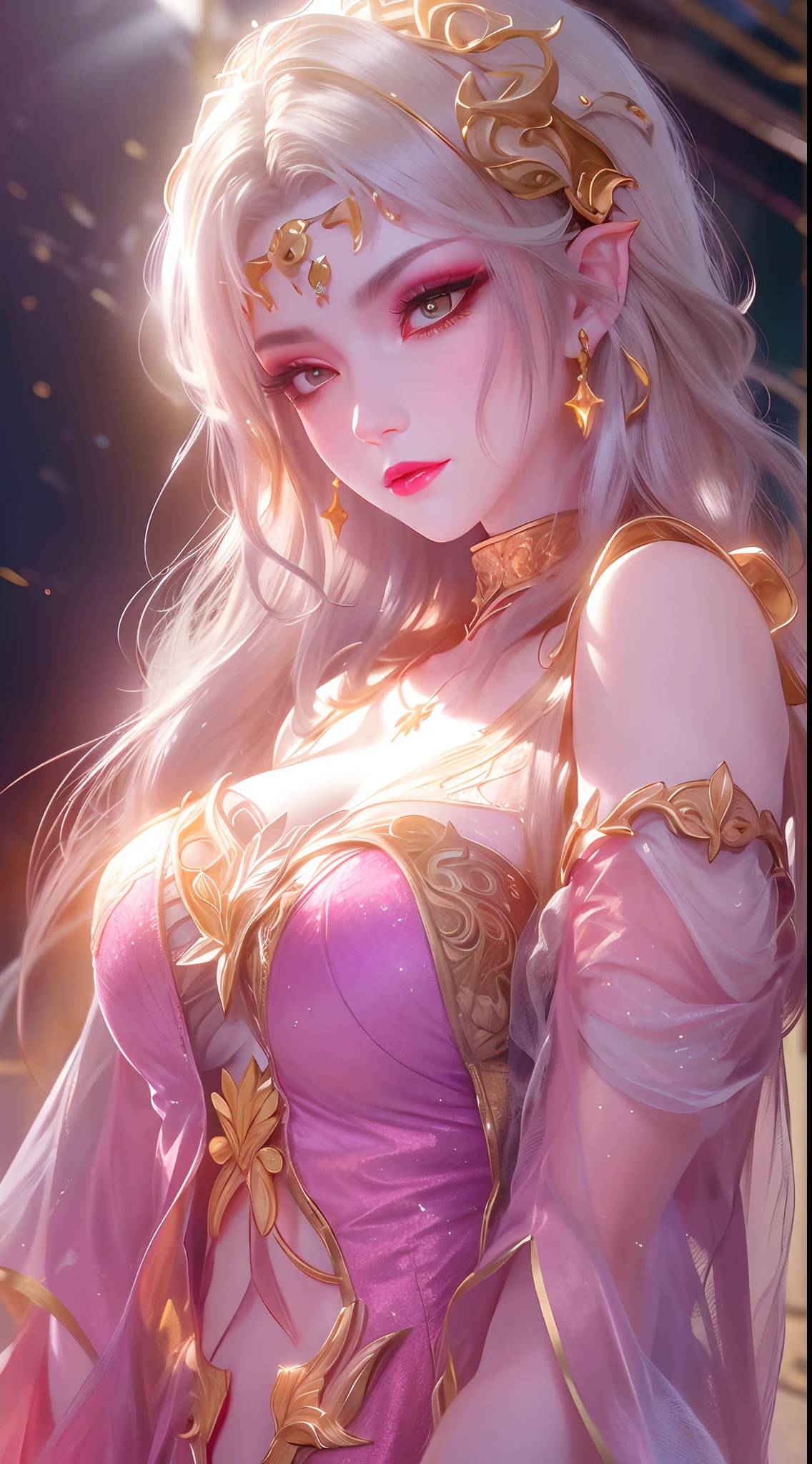 (masterpiece, top quality, best quality, official art, beautiful and aesthetic:1.2),(((Realistic, Photorealistic))). Actual image of a girl kneels gracefully. Silk outfit featuring purple and black tones, embellished with ornate gold patterns. Chinese ancient. Big breast. View to the viewer. She has long, flowing white hair and pointed, fox ears. (white hair). (((She has 9 tails of purple and white))). Inspired by ahri from league of legends. Her expression is soft and inviting, enhancing her enchanting presence. Photos have high detail. High quality. Studio Lighting. White Background.