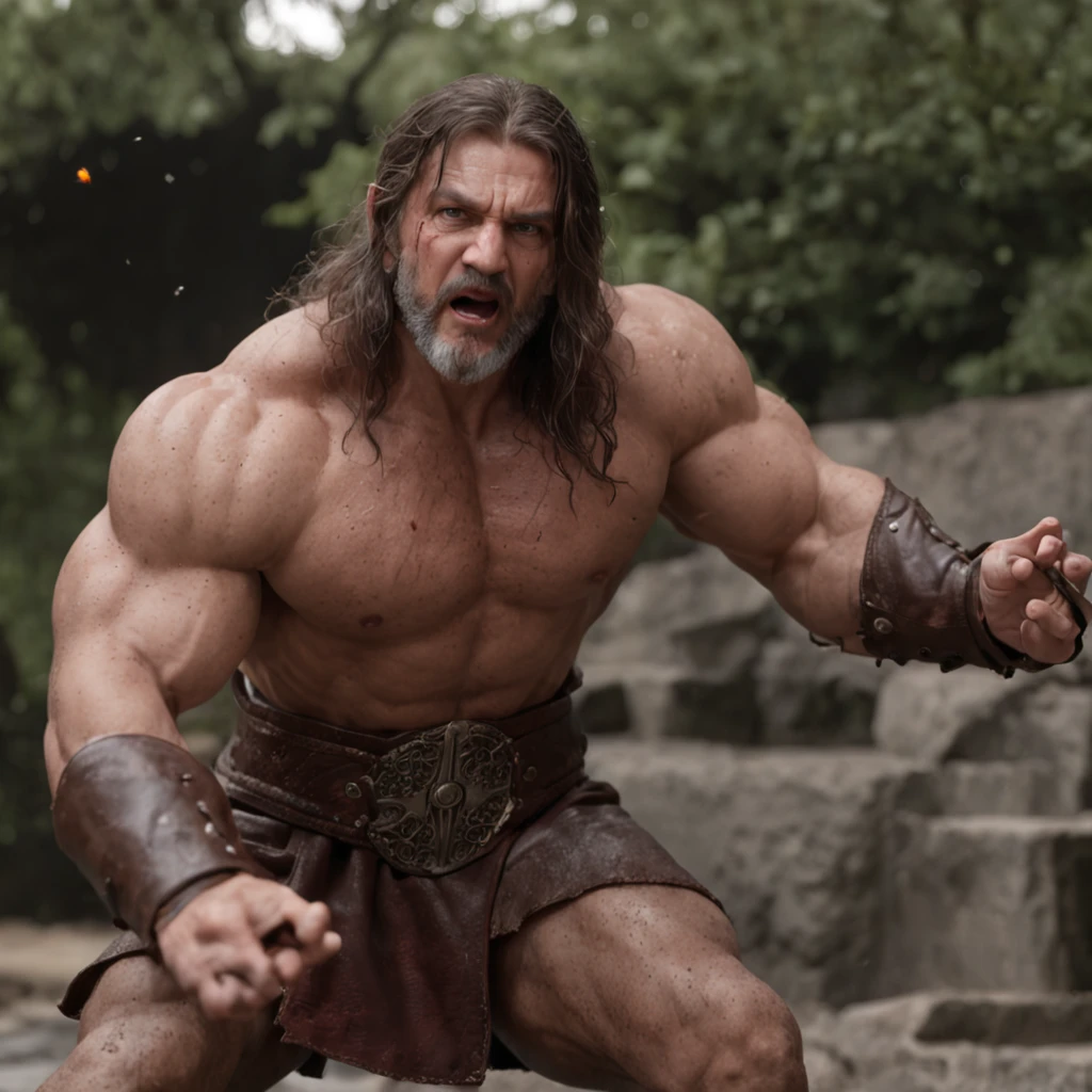 (Renderizado 3D profesional:1.3) de (realista:1.3) The most beautiful art photo in the world，Features soft and bright male heroes, ((Epic hero fantasy muscular rough man wet hero angry look long hair short beard and fierce expression in dynamic pose, Fantastic location, majestuoso entorno desordenado)), Renderizado 8k Unity de cuerpo completo, action shot, poro de la piel, very dark lighting, Sombreado pesado, Detallado, Cara detallada, (Vibrante, Realistic photography, realista, dramatic, oscuro, foco nítido, 8k), (Old leather garments damaged by weathering:1.4), ((((Use pieles)))), (intrincado:1.4), decadente, (Altamente detallado:1.4), Pintura digital, Renderizado por Octane, Estaciones de arte, Concepto-Arte, Suave, foco nítido, 插圖, Arte Germen, (loish:0.23), WLOP Ilya Kuvshinov, y Greg Rutkowski y Alphonse Mucha gracias, (global ilumination, Luz de estudio, Light Volumetric), fuertes lluvias, particles floating, LotR, fantasy, Once, cuerpo completosbian, ((Fondo oscuro y antiguo de la ciudad:1.3)),CGSesociety,Estaciones de arte