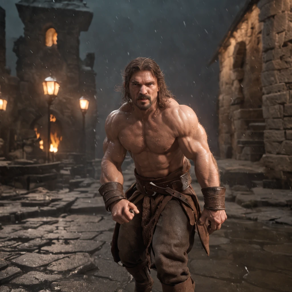 (Renderizado 3D profesional:1.3) de (realista:1.3) The most beautiful art photo in the world，Features soft and bright male heroes, ((Epic hero fantasy muscular rough man wet hero angry look long hair short beard and fierce expression in dynamic pose, Fantastic location, majestuoso entorno desordenado)), Renderizado 8k Unity de cuerpo completo, action shot, poro de la piel, very dark lighting, Sombreado pesado, Detallado, Cara detallada, (Vibrante, Realistic photography, realista, dramatic, oscuro, foco nítido, 8k), (Old leather garments damaged by weathering:1.4), ((((Use pieles)))), (intrincado:1.4), decadente, (Altamente detallado:1.4), Pintura digital, Renderizado por Octane, Estaciones de arte, Concepto-Arte, Suave, foco nítido, 插圖, Arte Germen, (loish:0.23), WLOP Ilya Kuvshinov, y Greg Rutkowski y Alphonse Mucha gracias, (global ilumination, Luz de estudio, Light Volumetric), fuertes lluvias, particles floating, LotR, fantasy, Once, cuerpo completosbian, ((Fondo oscuro y antiguo de la ciudad:1.3)),CGSesociety,Estaciones de arte