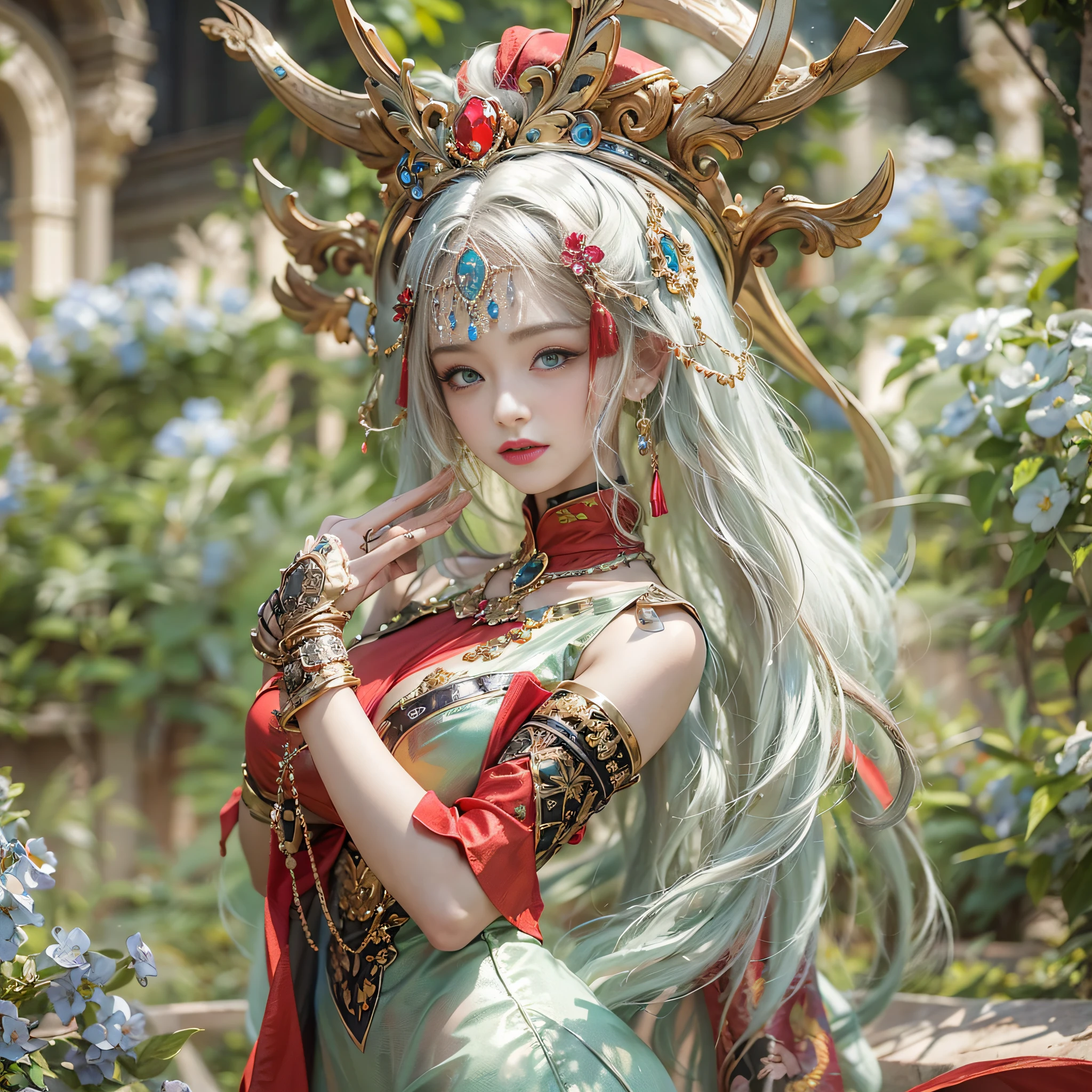 ((masterpiece:1.4)、(top-quality:1.4)、(reallistic:1.7))、Queen of Mars Deja Solis、Super sexy daughter、Super beautiful girl、1girl in、Sexy clothes that show through the inside、Sexy costume、Gorgeous Dresses、Glossy luxury latex、Luxury Latex Bodysuit、By Luis Royo、age19、Looking Back Beauty、Super Ultra Ultra Bikini、Outstanding style、(It has two legs:1.7)、(Has two arms:1.7)、Slender Abs、(beauty legs:1.4)、beautiful countenance、kawaii faces、Beautiful udder、Beautiful ass、A detailed eye、beautidful eyes、Raw photo、red-lips、Red high heels、tiarra、a choker、a necklace、耳Nipple Ring、Amazing garden of landscaping、The gardens have a sky adorned with jewels、The beauty of the royal palace、Amazing architecture