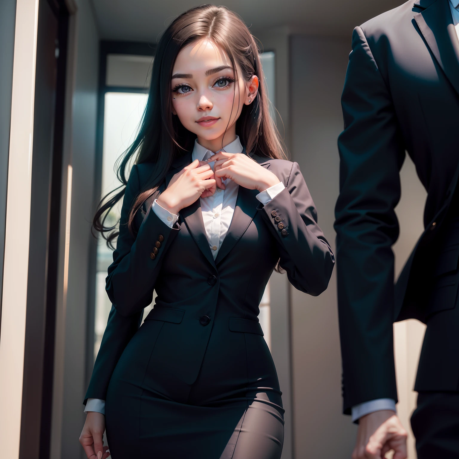 Foto RAW, (Closeup:1.2), foto retrato de um homem de 30 anos, (CyberGirl_V3:0.99), hand on her chin, vestido de terno, Standing, sorriso, 8k UHD, alta qualidade, filmic grain, Fujifilm XT3 businessman wearing suit with leadership stance