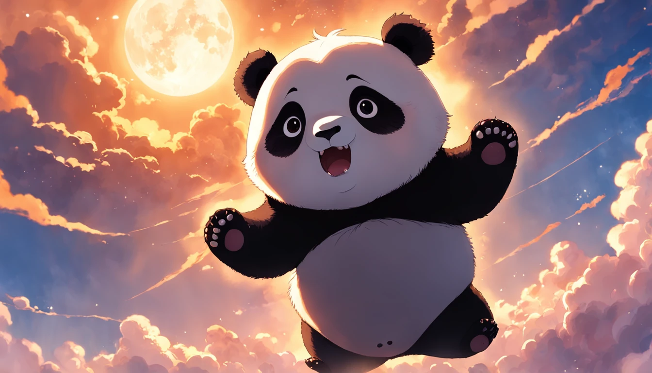 obra-prima, melhor qualidade, filme ainda, 1panda, panda nuvem, floating into the sky, Close-up, brilhante, Feliz, Soft lighting and Warm, sun sunset, Estrelas, (Sparks: 0,7)
