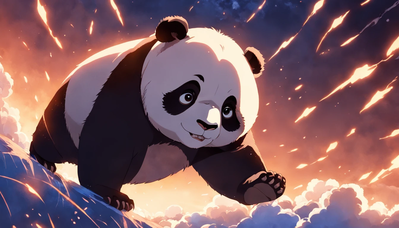 obra-prima, melhor qualidade, filme ainda, 1panda, panda nuvem, floating into the sky, Close-up, brilhante, Feliz, Soft lighting and Warm, sun sunset, Estrelas, (Sparks: 0,7)