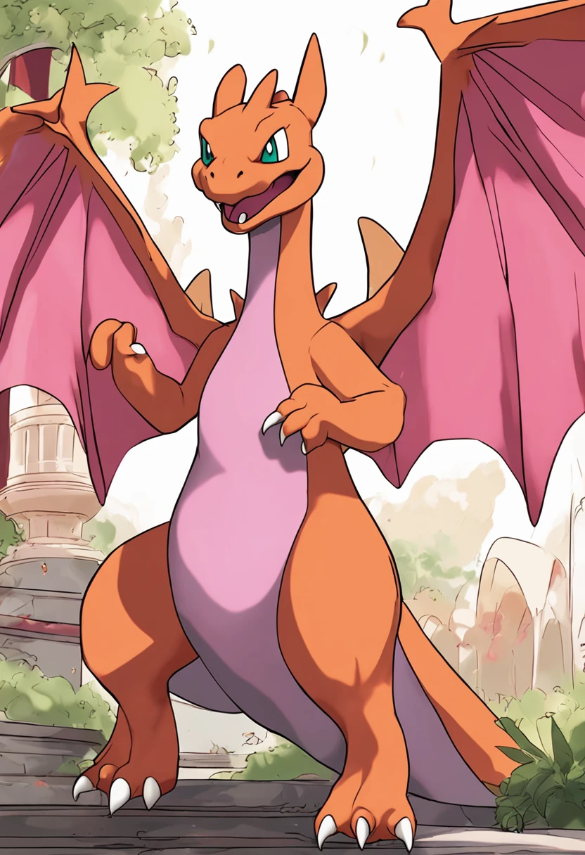 uploaded on e621, explicit content, 3d:0.4, (bastika, cutesexyrobutts, hioshiru), (furry, anthro:1.2), female, solo, charizard, membraneous wings, bedroom, (naked:1.2), seductive pose, dim lighting, indoors, lying on bed, closeup