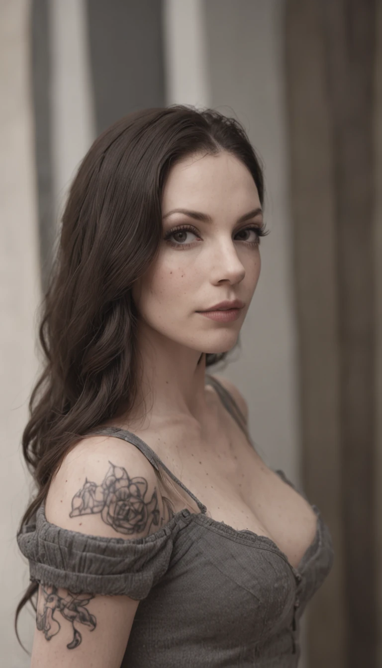 Auto retrato de corpo inteiro, de uma jovem mulher, de 29 anos, (((vestindo roupas curtas ((corpo tatuado))), (inspirado em garotas Suicide Girls:1.3), como Laura Prepon, ((em um quarto, with several posters pasted on the wall)), Autorretrato realista, 8k UHD, DSLR, grain of film, (fotorrealista:1.5)