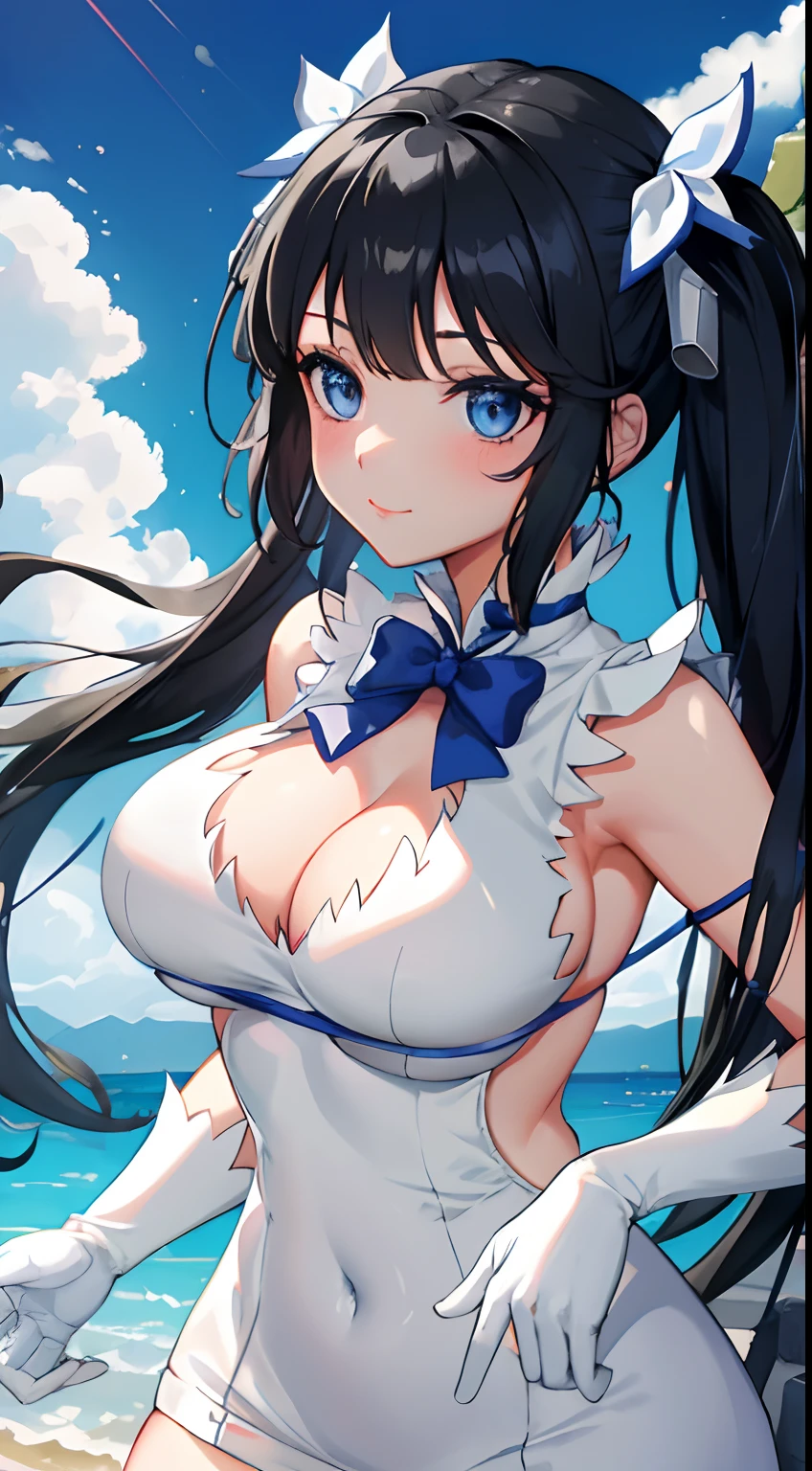 mksks style, masterpiece, best quality, long eyelashes, eyeliner, eyeshadow, mascara, colorful, pink lips, deep skin, looking at viewer, upper body, curvy, hestia (danmachi), 1girl, breasts, solo, long hair, blue ribbon, twintails, gloves, ribbon, dress, rei no himo, large breasts, blue eyes, black hair, white gloves, cleavage, white dress, looking at viewer, light smile, closed mouth, hair ribbon, bow, sleeveless, sleeveless dress, bangs, blush, cleavage cutout, hair ornament, bowtie, clothing cutout, very long hair, covered navel, arm ribbon, shiny skin, outdoors, grassy fields, blue sky, cloudy sky, tight, taut dress, breast focus, upper body,