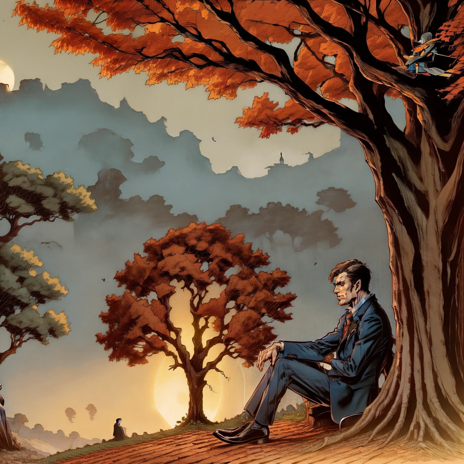 There's a short-haired man in a suit sitting under a tree with a thoughtful look