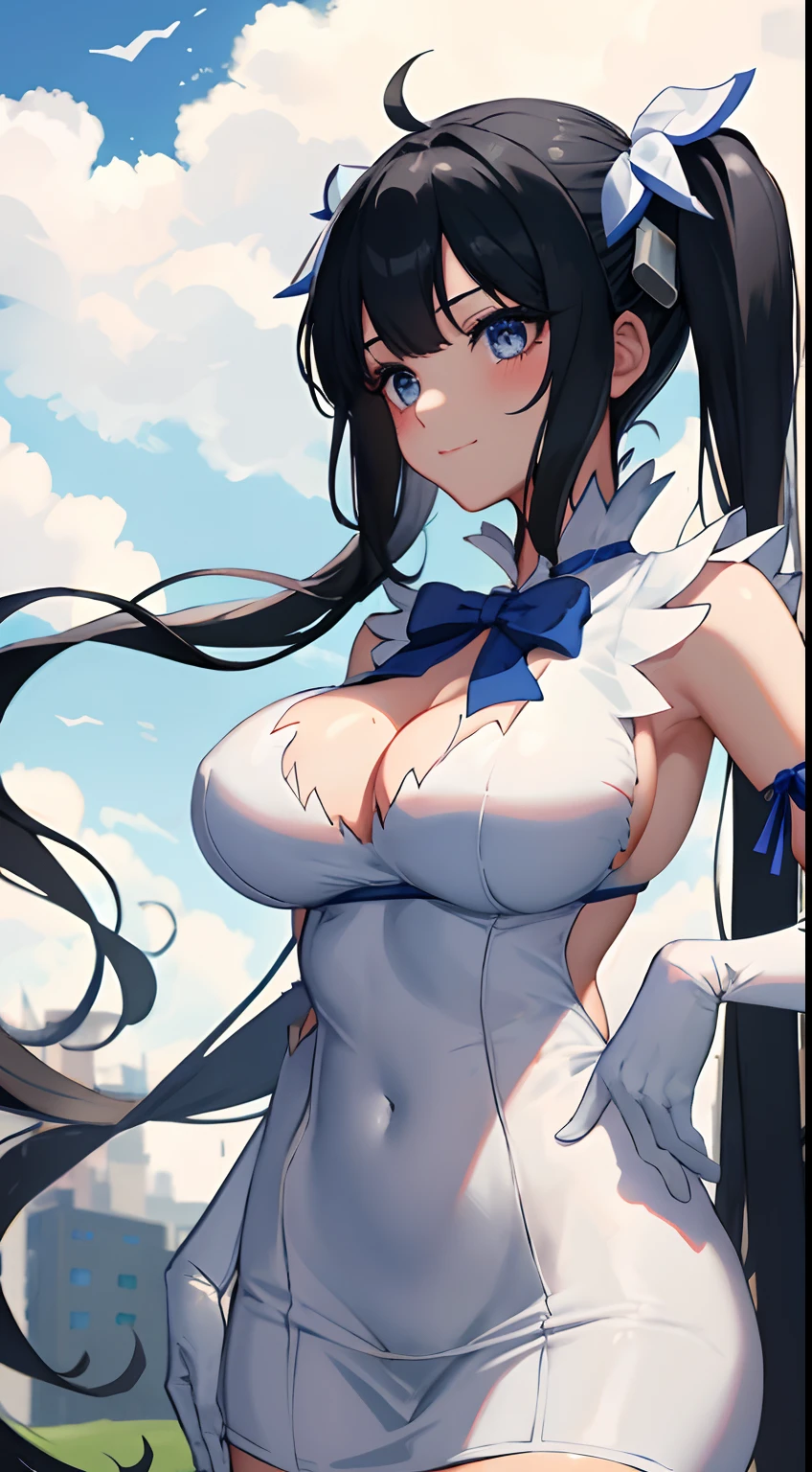 mksks style, masterpiece, best quality, long eyelashes, eyeliner, eyeshadow, mascara, colorful, pink lips, deep skin, looking at viewer, upper body, curvy, hestia (danmachi), 1girl, breasts, solo, long hair, blue ribbon, twintails, gloves, ribbon, dress, rei no himo, large breasts, blue eyes, black hair, white gloves, cleavage, white dress, looking at viewer, light smile, closed mouth, hair ribbon, bow, sleeveless, sleeveless dress, bangs, blush, cleavage cutout, hair ornament, bowtie, clothing cutout, very long hair, covered navel, arm ribbon, shiny skin, outdoors, grassy fields, blue sky, cloudy sky, tight, taut dress, breast focus, upper body,