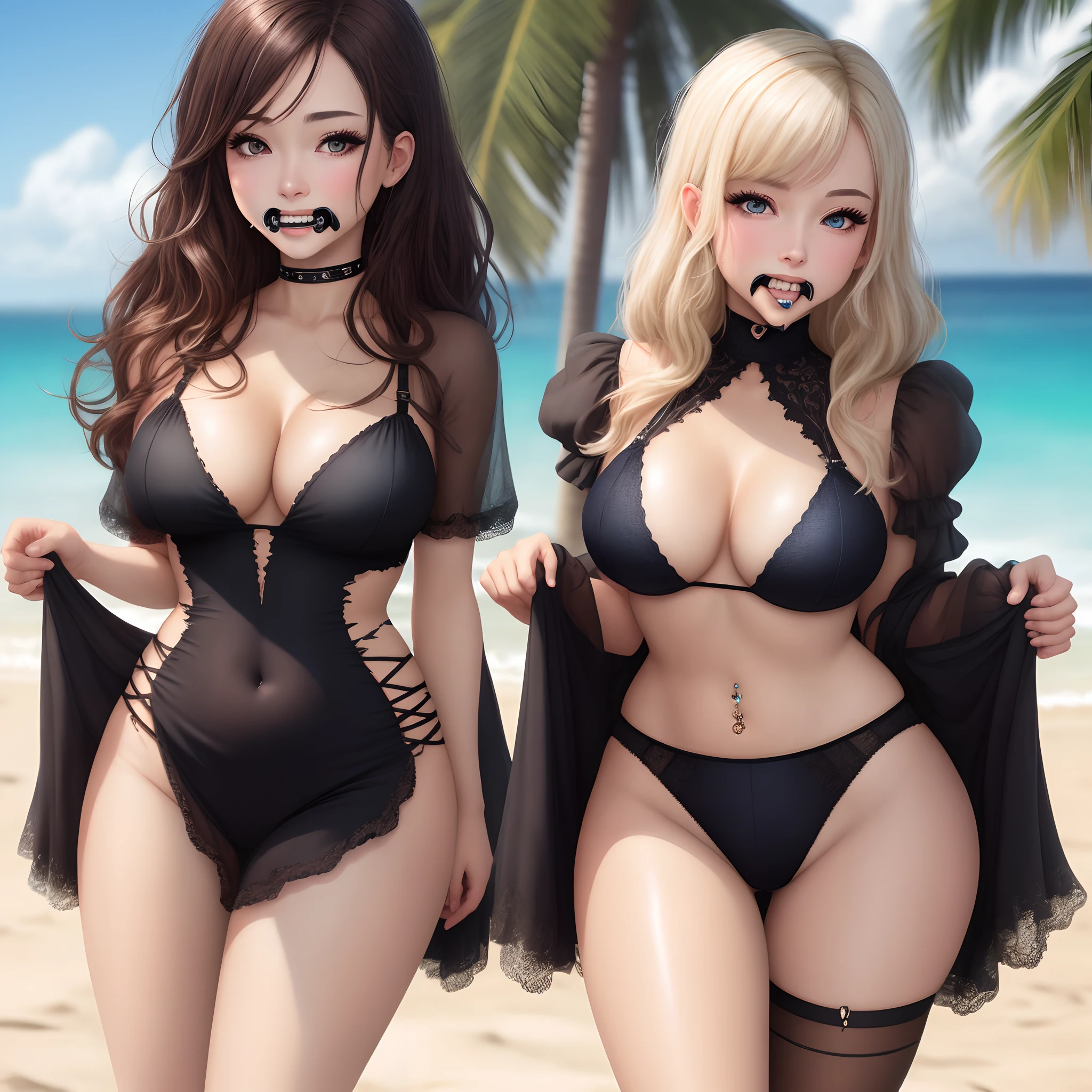 masterpiece, best quality, masterpiece,best quality,official art,extremely detailed CG unity 8k wallpaper, on the beach, uncensored, real, realistic, spread , gyaru, wet hair, naughty_face, large breasts, cleavage dress, breasts out, torn pantyhose, no bra, no_panties, medium hair, shaved_pussy, high heels, cameltoe, , navel_piercing, panty_gag, nipple_piercing, streaked hair, gradient eyes,