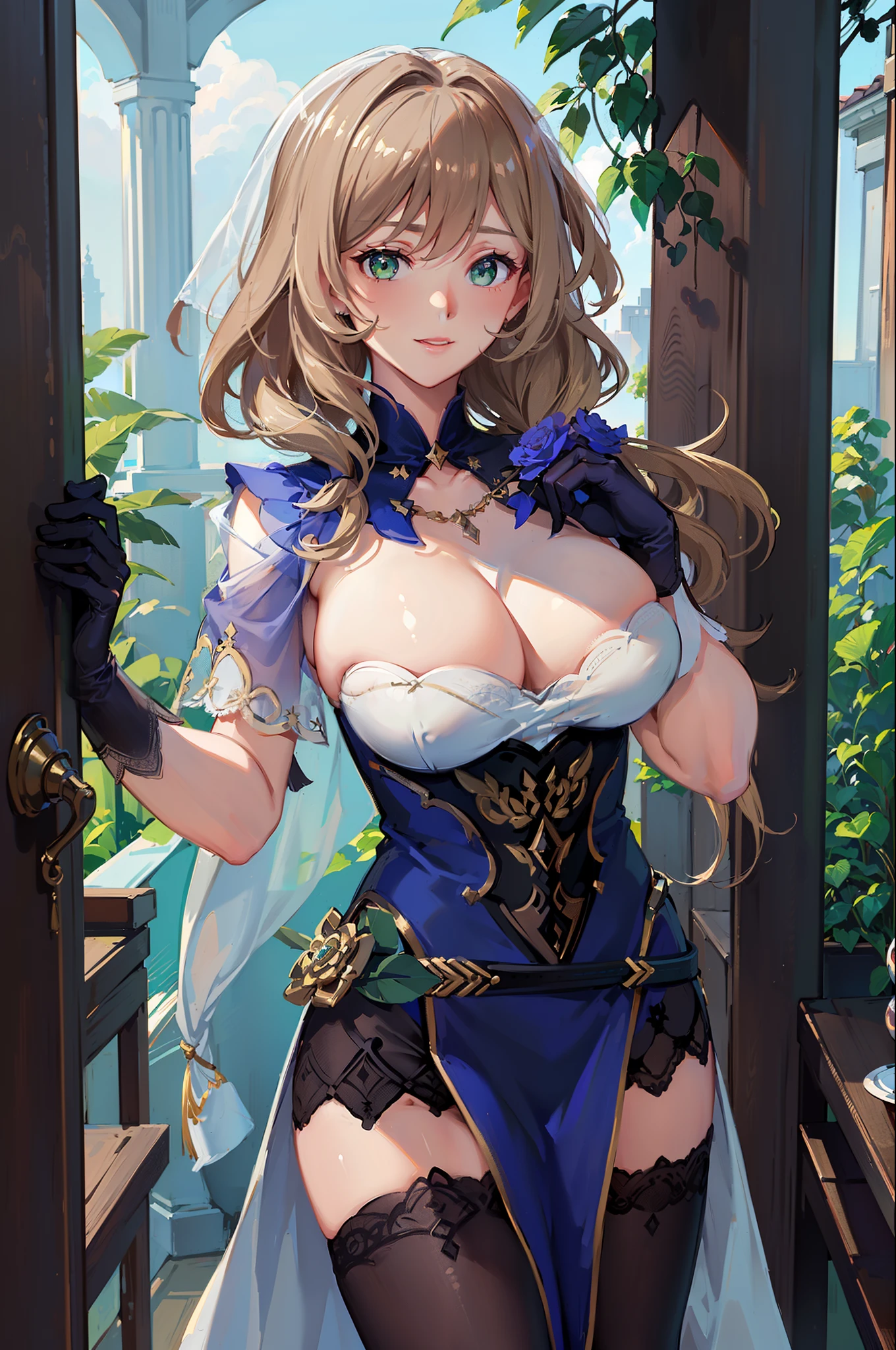((masterpiece, best quality)),close-up, facing viewer,straight on, face focus,((1 girl)), lisa \(genshin impact\),{short hair,}, (big breasts:1.4),(photo realistic:0.8), standing,bridal veil,wedd00ing, bridal gauntlets, bridal garter, wedding glove, (smile:1.2), (detailed light),lighting, colorful, layered backgrounds, (gorgeous background), dynamic angle, (shine),blonde hair,sleeves,(dark green eyes:1.2),(outdoor), physically-based rendering, RAW photo, highly detailed background, (photo realistic:0.8), high res, (white bodystocking),(potted plant:1.2),geyser, park, flower field,holding a bouquet,