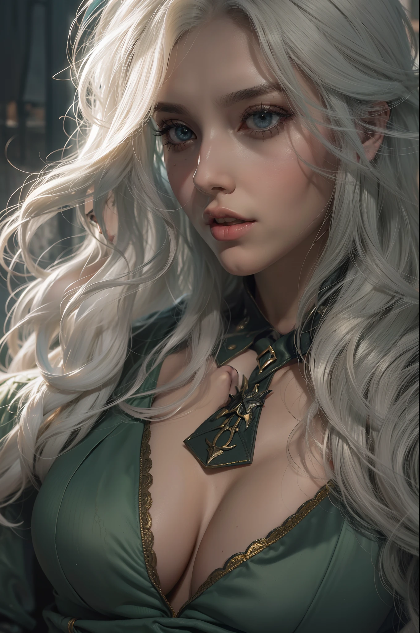 Mulher bonita que lembra Ciri de The Witcher com longos cabelos brancos e olhos verdes brilhantes, obra prima, ultra qualidade, 8k, cabelos caindo sobre seus ombros, ao fundo cena de crime, she's wearing a suit, Her breasts are large