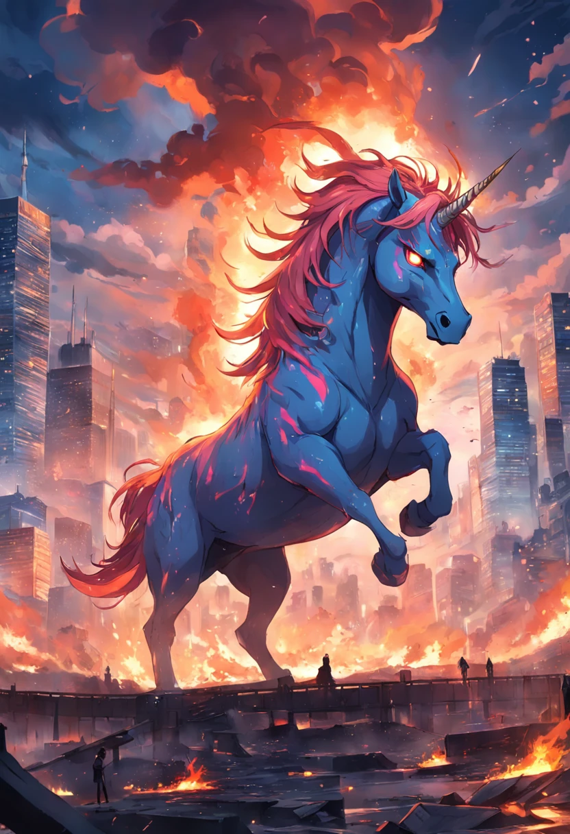 A Masterpiece Humanoid Angry Unicorn, Psychopath, setting on fire a city, HD