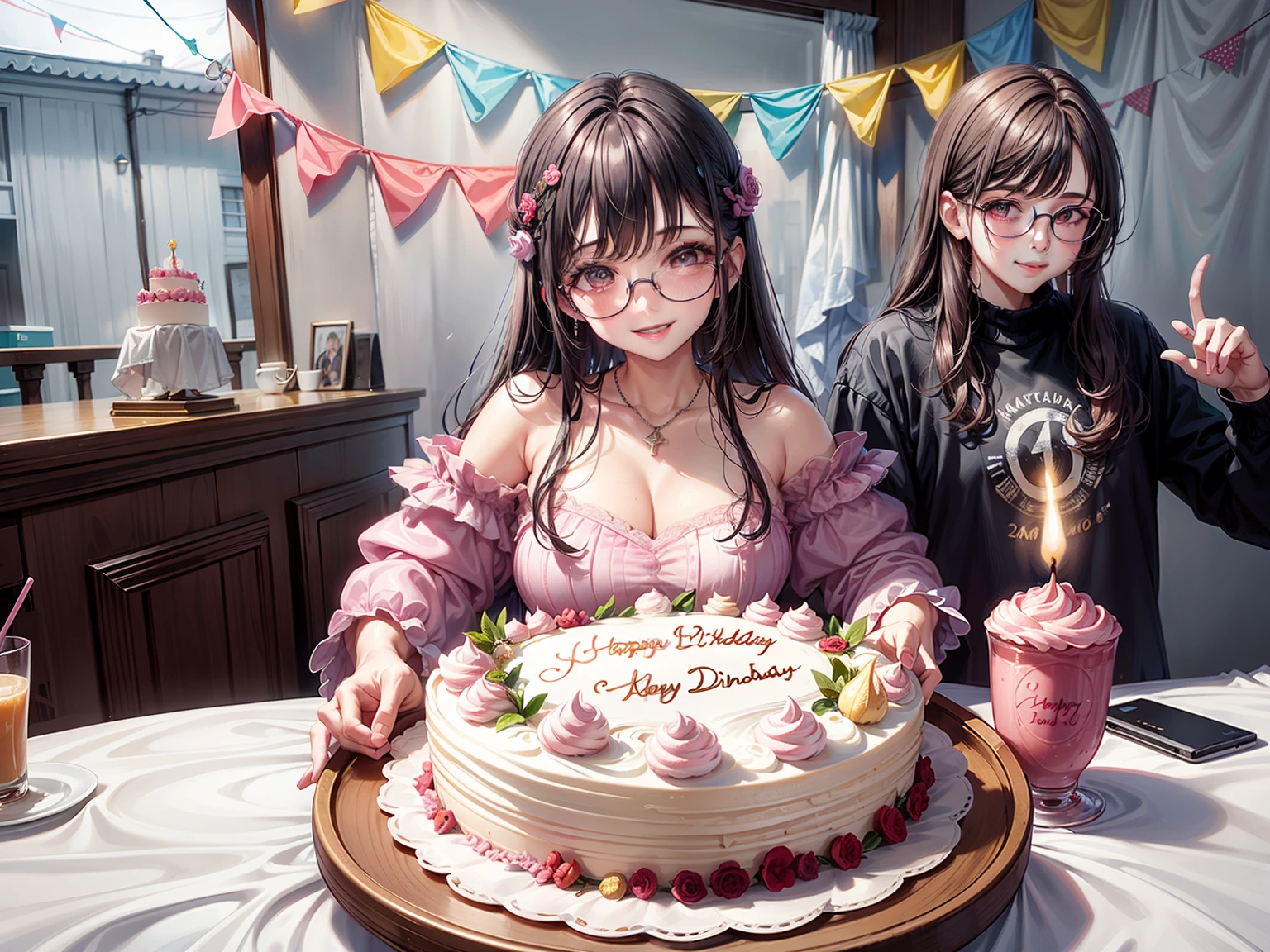 Smiling woman holding a birthday cake with a pink frosting and a pink candle, cerca de 20 anos, Jovem mulher na casa dos 20 anos, holding a birthday cake, birthday cake, celebrating a birthday, birthday candle with the number 30, vela rosa, mulher com franja, Woman with large round glasses, sorriso bonito,