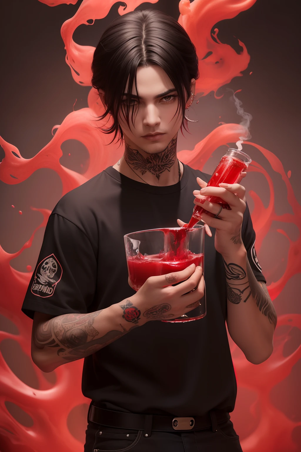 Realistic image of a non-binary person, (Sexo fluido), pele clara, ocidental, cabelo liso, (medium black hair((raspado na lateral))), olhos pretos, camiseta de banda grande, black military pants, All Star Preto, tattoos symbols, tatuagem no rosto, friendly expression, symmetrical tattoo on face, piercings, holding a skull in his hand, magia (vermelho e vinho), fundo mar vermelho, dynamic lighting, ((casting red viscous liquid)) of the hands, water, liquido emocional, Radiant power, carne, red liquid, carnificina, magia, poder, epic, campo de batalha (((casting red smoke and red liquid))), fundo rio de sangue (mar vermelho)