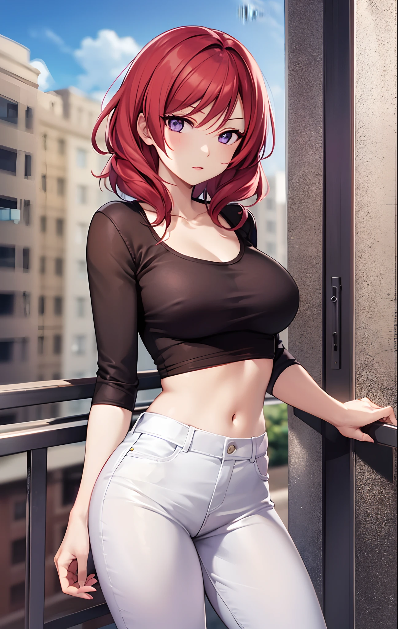 Nishikino maki, Purple eyes,((short red hair)), blouse, white pants, (midriff:0.8)balcony,(lips:0.7), llchar