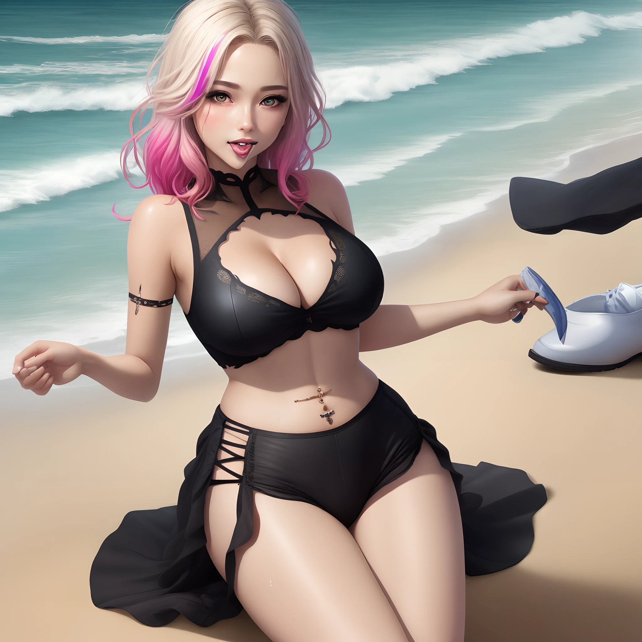 masterpiece, best quality, masterpiece,best quality,official art,extremely detailed CG unity 8k wallpaper, on the beach, uncensored, real, realistic, spread , gyaru, wet hair, naughty_face, large breasts, cleavage dress, breasts out, torn pantyhose, no bra, no_panties, medium hair, shaved_pussy, high heels, cameltoe, , navel_piercing, panty_gag, nipple_piercing, streaked hair, gradient eyes,