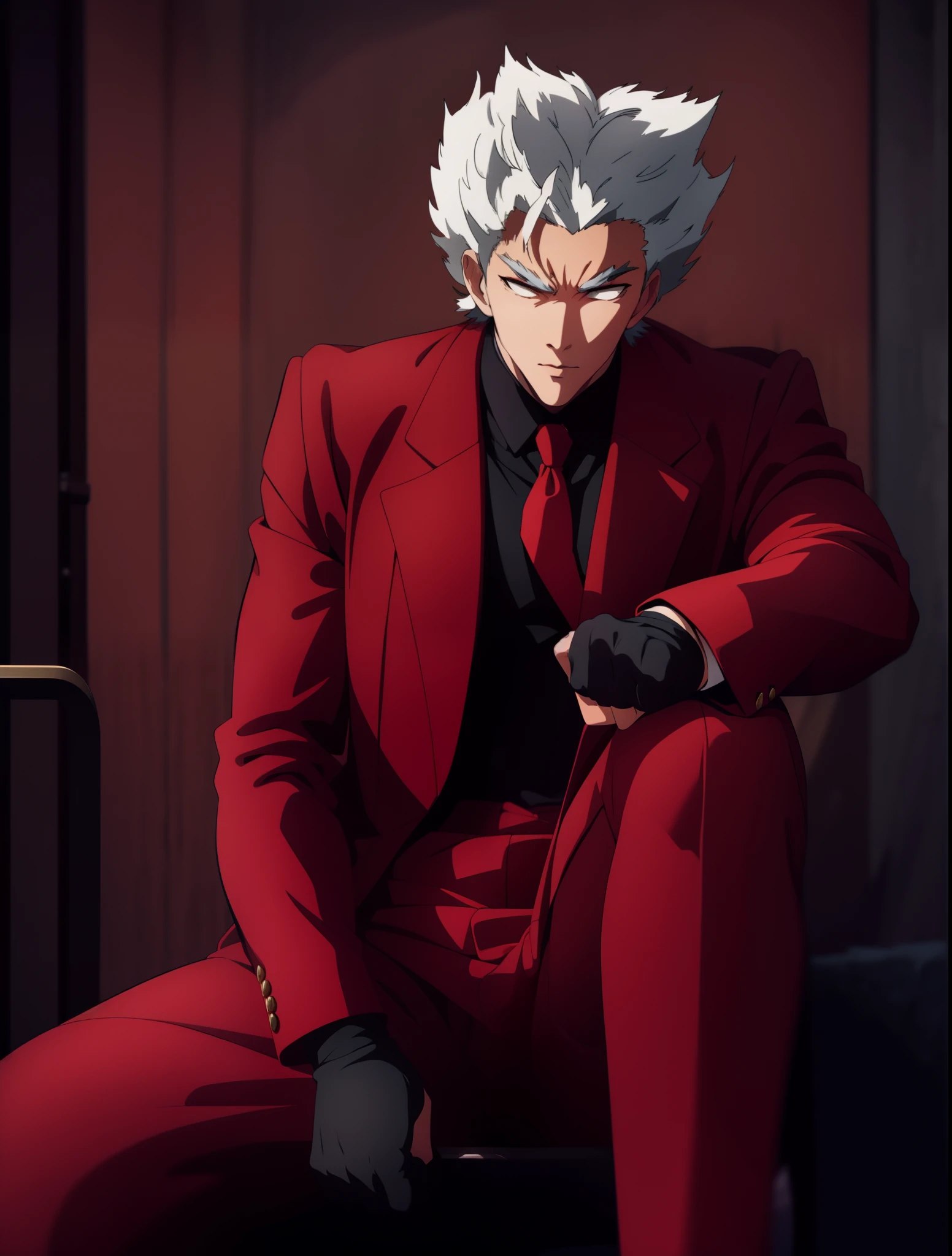 Boy, cool pose, elegan pose, red jazz clothes, realistic pose, white hair colors, looking forward, black gloves on hand, sit down pose, realistic, wearing a red tie