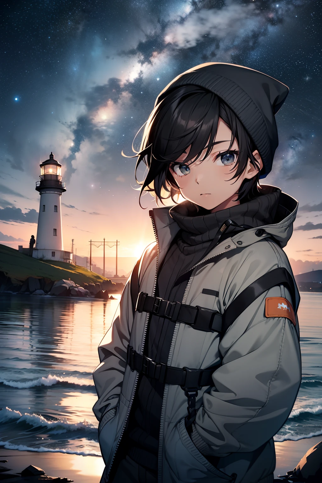 young boy, black hair, gray bonnet, wearing life jacket, gray sweater, night on an island with a lighthouse in the background, cold weather, starry sky in the background, 4k