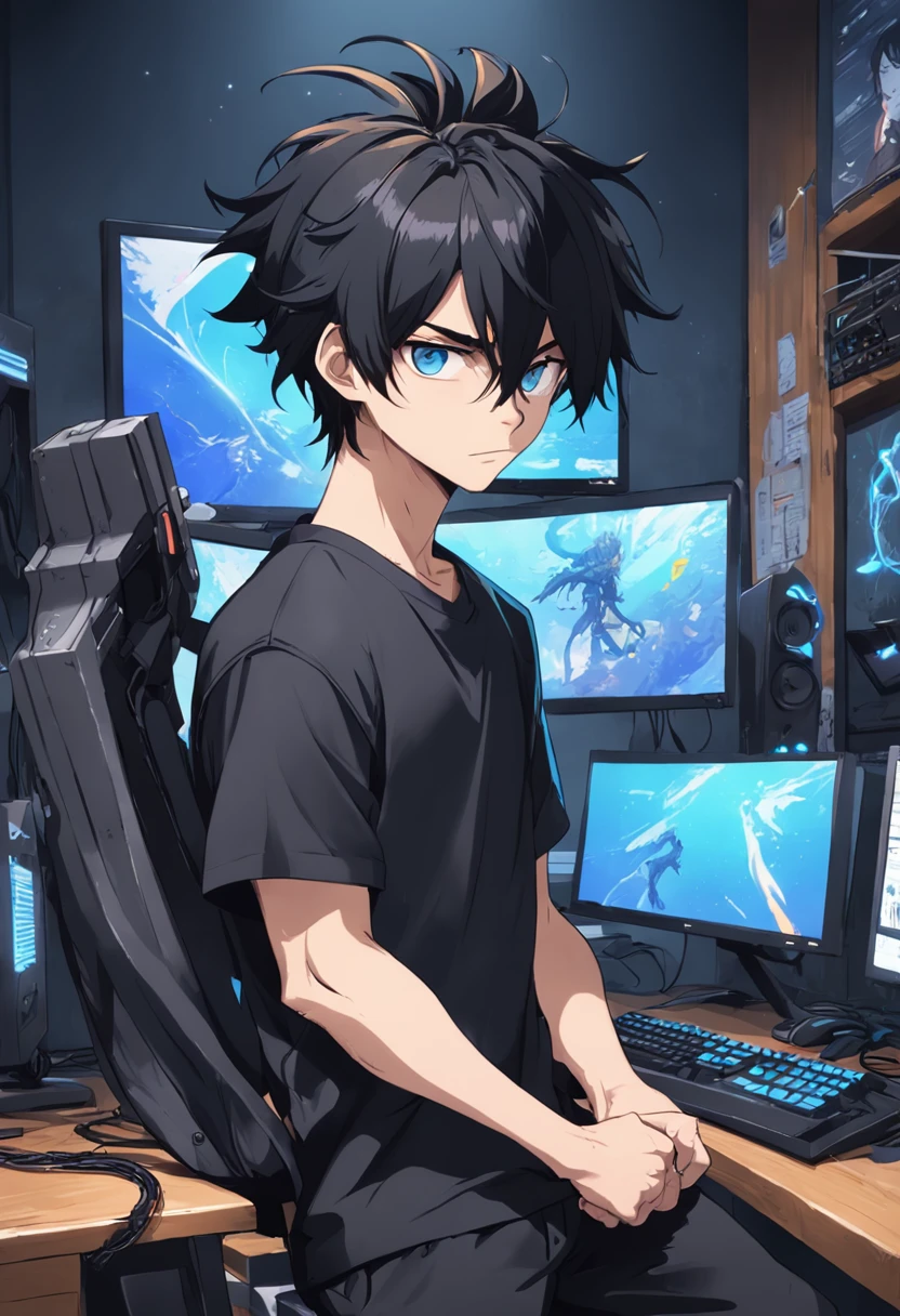 Crie uma imagem de um cara com cabelos longos e pretos, who are stuck in a ponytail. He's wearing a black outfit, including a black T-shirt and black pants. He has blue eyes and an expression of boredom on his face. Behind him, there are three monitors and a gaming PC. A imagem deve ser super detalhada, mostrando os detalhes dos cabelos, roupas e dos equipamentos de computador.