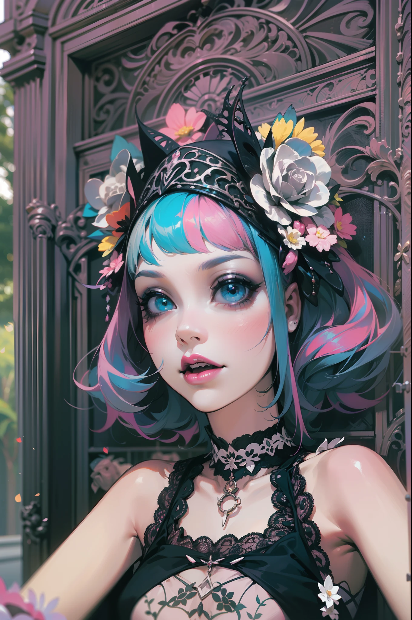 En un hermoso parque una mujer de aspecto moderno. It has a very colorful and striking kawaii gothic style.., con un maquillaje elegante y una peluca colorida.