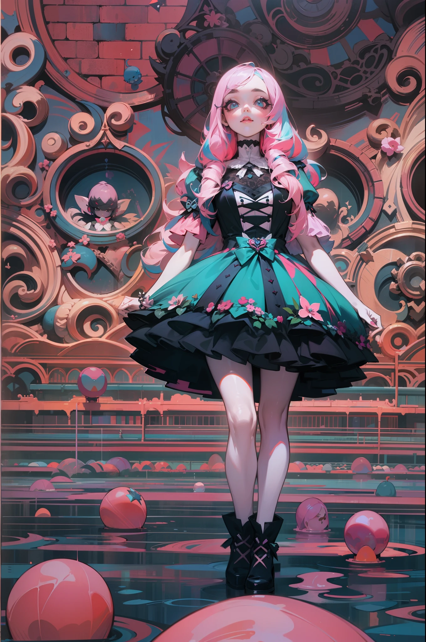 En un hermoso parque una mujer de aspecto moderno. It has a very colorful and striking kawaii gothic style.., con un maquillaje elegante y una peluca colorida.