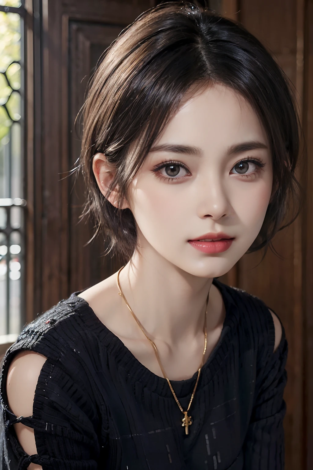 (masutepiece:1.3), (8K, Photorealistic, Raw photo, Best Quality: 1.4), (1girll), Beautiful face, (Realistic face), (Black hair, Short hair:1.3), Nice hairstyle,middlebreasts,big breasts thin waist,Realistic eyes,Nice detail eyes,(Realistic skin),Beautiful skins,(Sweaters),absurd res,enticing,超A high resolution,Ultra photo realsisim,Very detailed,the golden ratio