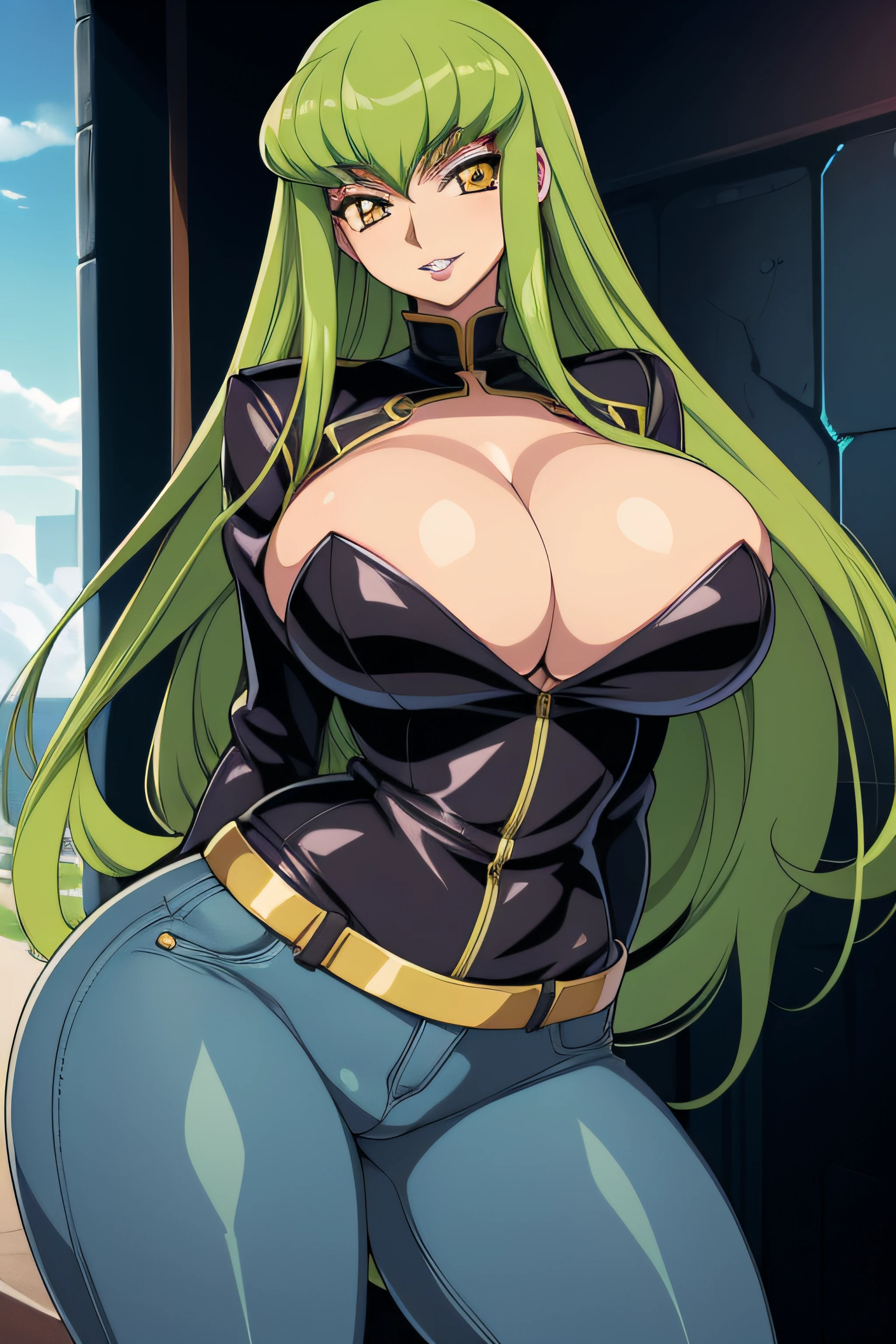 Code Geass, C.C 1girl, (((bimbo))), puffy lips, Long green hair, painted lips, thick lips, wide hips, thick thighs, big breast, huge ass, revealing cleavage, erotic, Smile face, bubble butt, camel toe, Breasts, tight blue jeans, Black leather jacket, standing in front of me