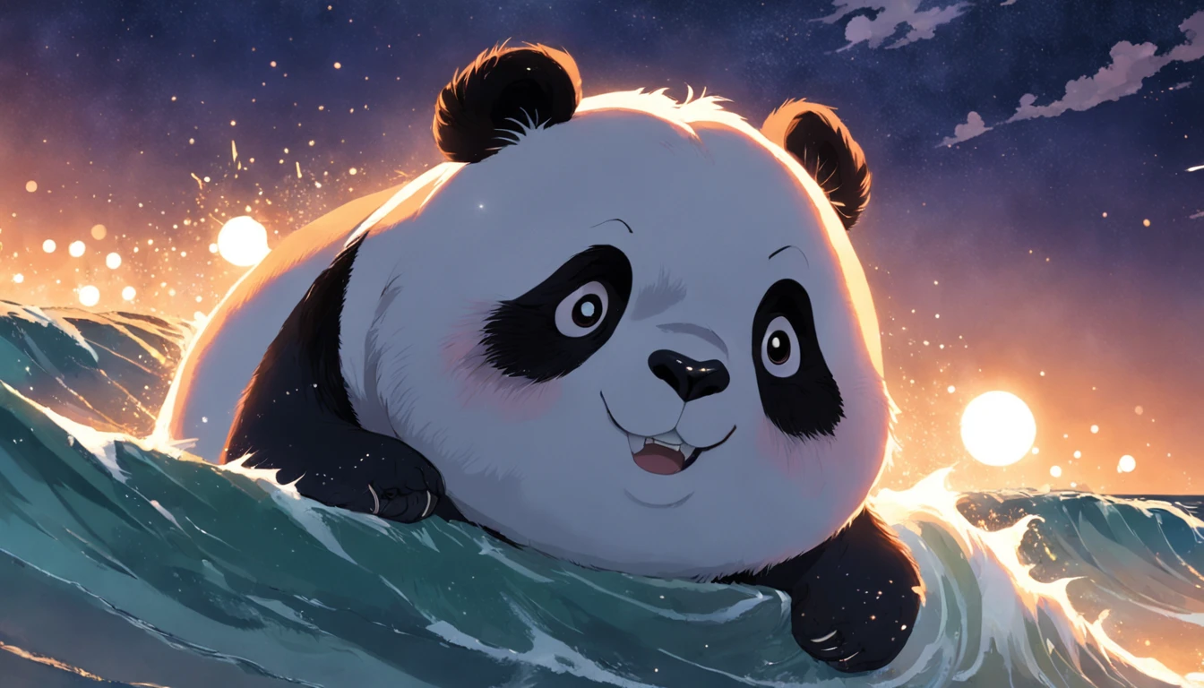obra-prima, melhor qualidade, filme ainda, 1panda, panda nuvem, surfando no mar, Close-up, brilhante, Feliz, Soft lighting and Warm, noite, Starry Sky, (Sparks: 0,7)