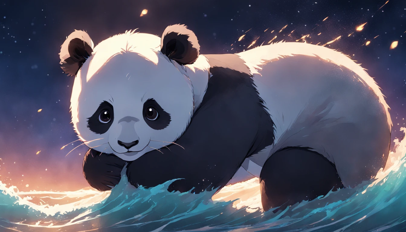 obra-prima, melhor qualidade, filme ainda, 1panda, panda nuvem, surfando no mar, Close-up, brilhante, Feliz, Soft lighting and Warm, noite, Starry Sky, (Sparks: 0,7)