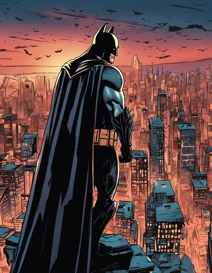 A batman on top of a gotham skyscraper, cena de filme 8k tema escuro, ::n_ desenho, Imperfection, baixa qualidade, boneco, jogo, anime, texto, assinatura
