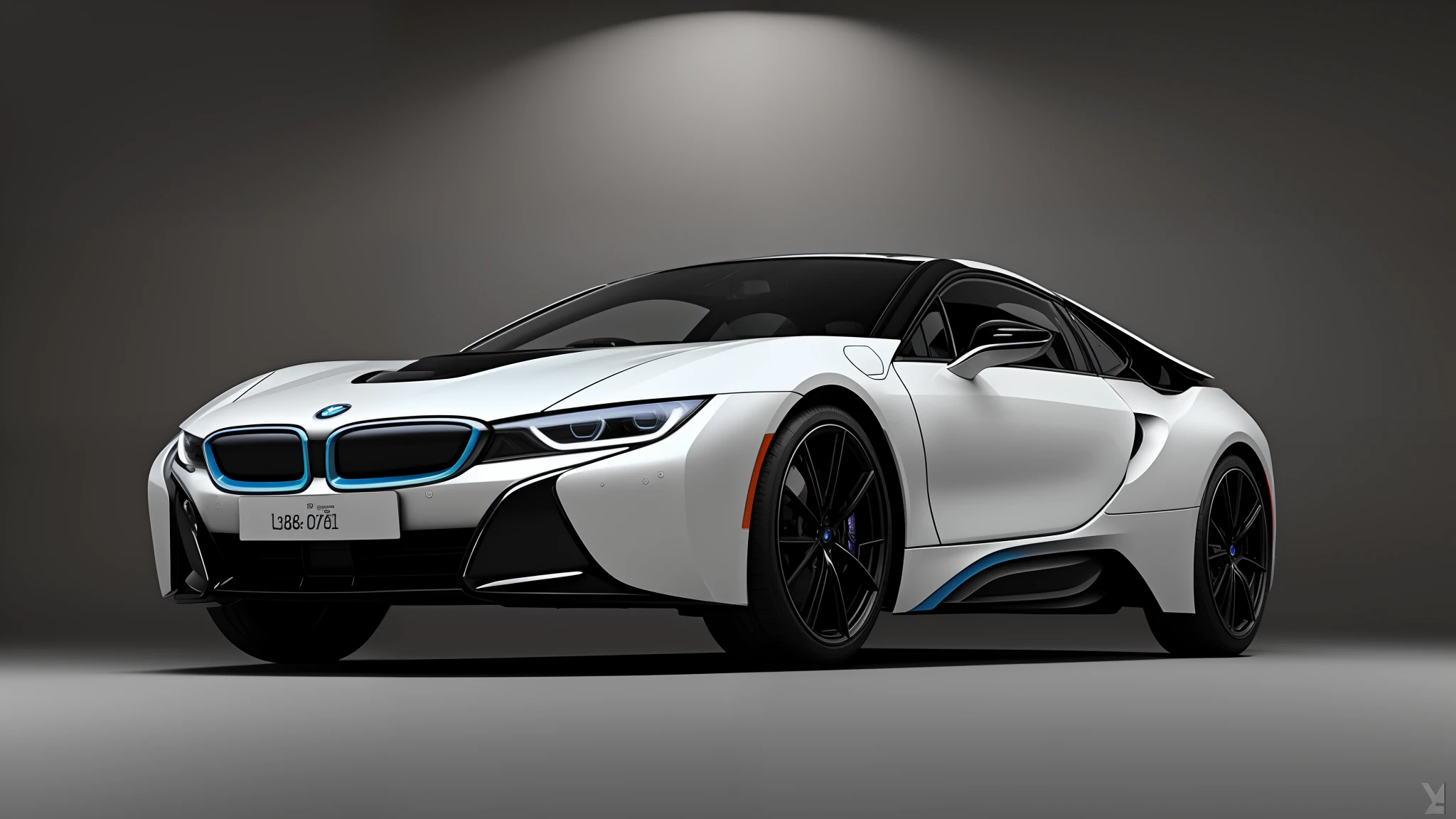 bmw i8, color white, 360modena sport car in a garage, cyberpunk, futuristic, octane, render, cgi, global illumination, vibrant colors, best quality, highly detailed
