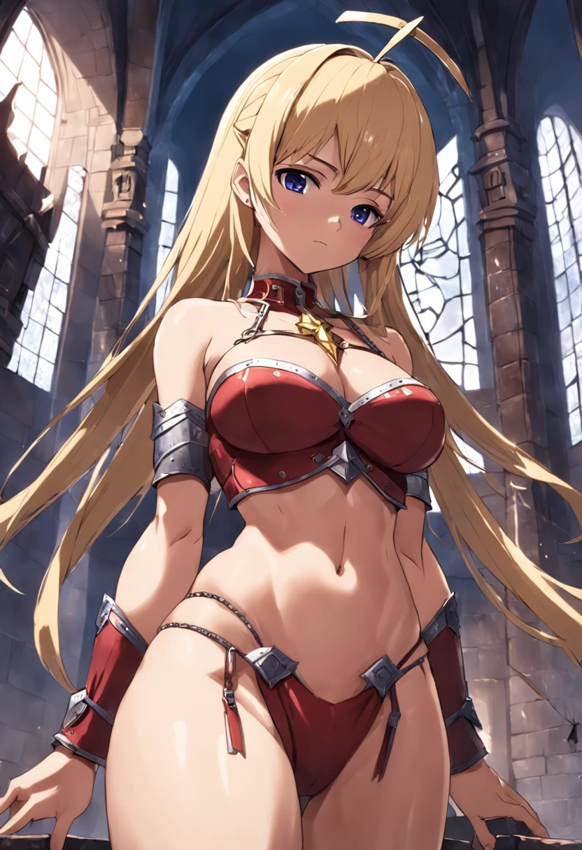 Apenas a [1 woman] (fantasy) queen's blade, sex, blonde hair, giant chest, (chiselled abdomen), (dark skin), ( armor:1.9), inside a castle