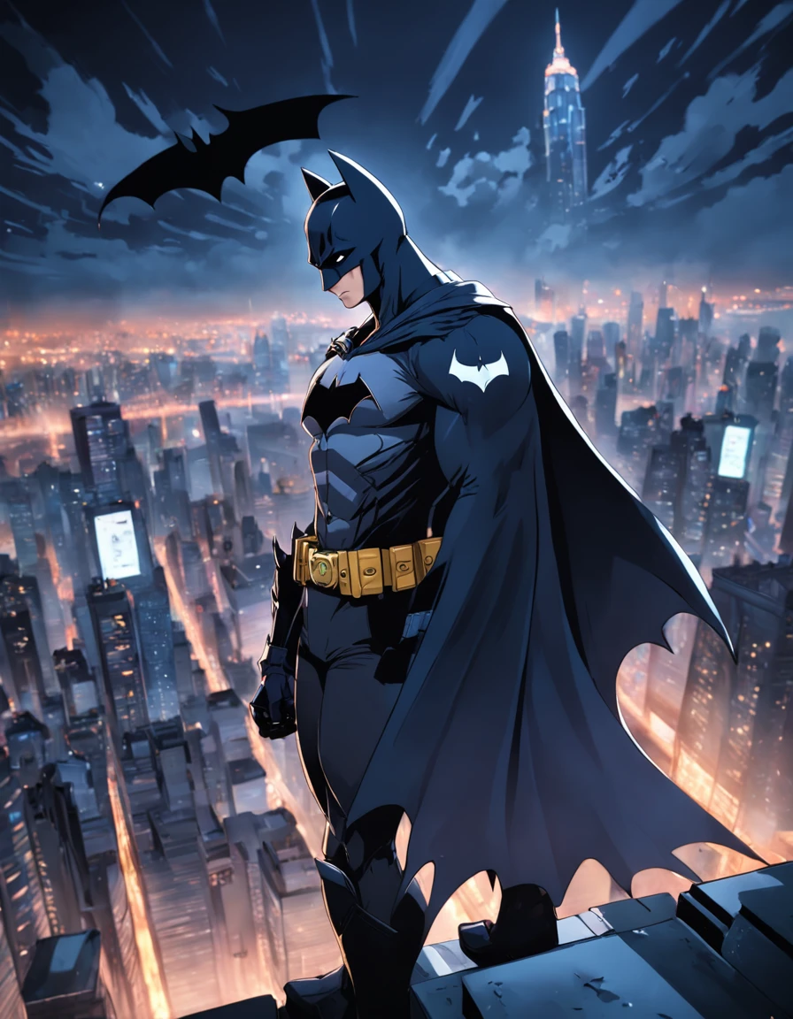 A batman on top of a gotham skyscraper, cena de filme 8k tema escuro, ::n_ , Imperfection, baixa qualidade, boneco, jogo, texto, assinatura