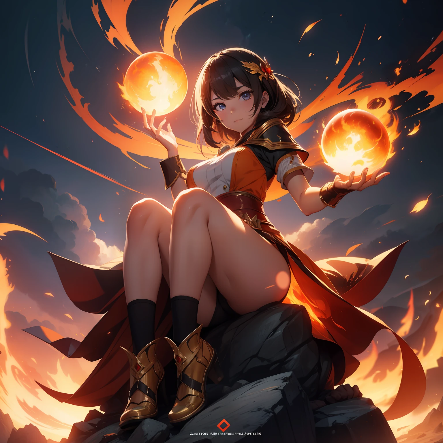 masterpiece, best quality, photorealistic, close-up shot, front view, anime girl sitting on a rock with a glowing ball in her hands, artgerm and atey ghailan, flames surround her, 2. 5 d cgi anime fantasy artwork, in the art style of mohrbacher, the sorceress casting a fireball, artgerm and rossdraws, wreathed in flame, rossdraws global illumination, fire spell