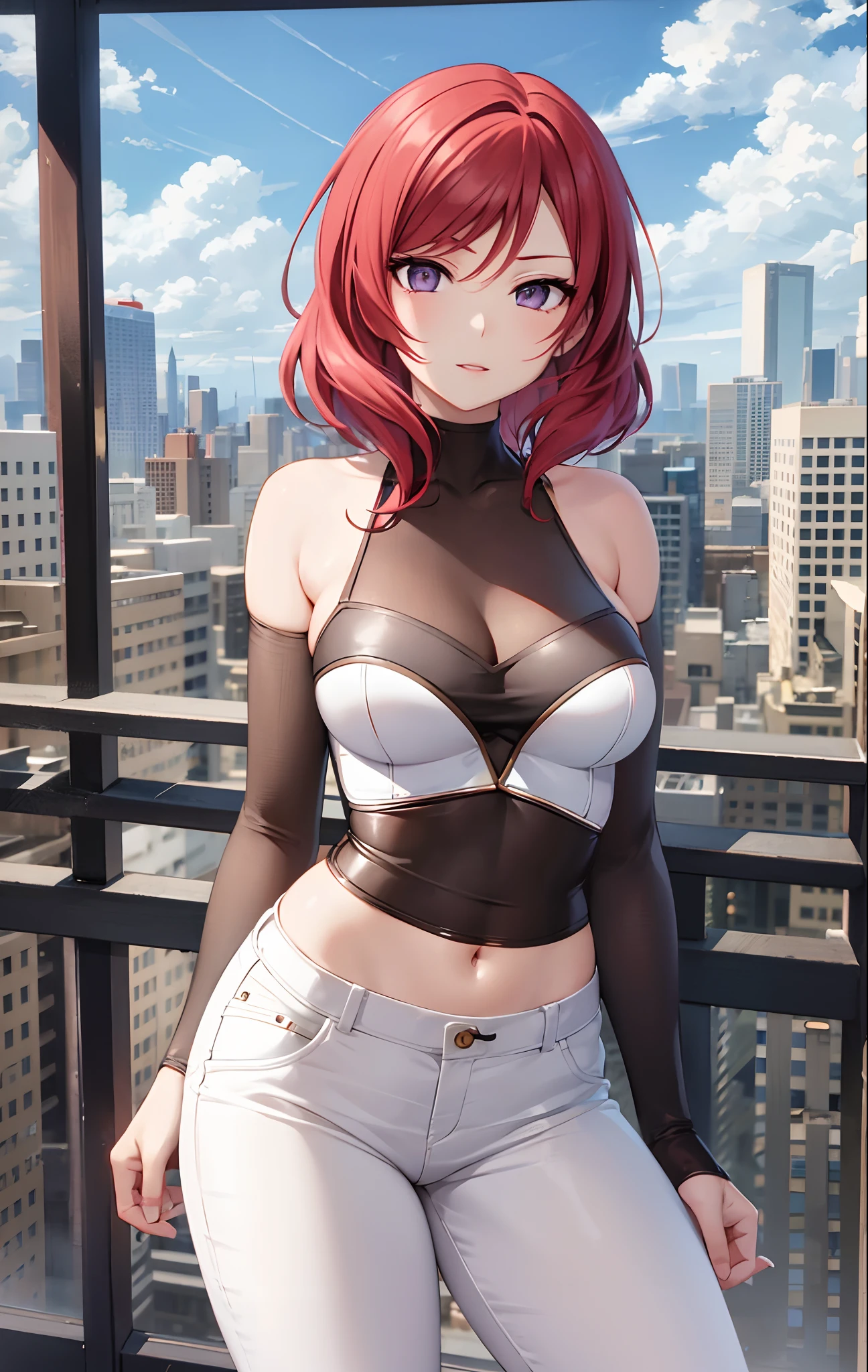 Nishikino maki, Purple eyes,((short red hair)), blouse, white pants, (midriff:0.8)balcony,(lips:0.7), llchar