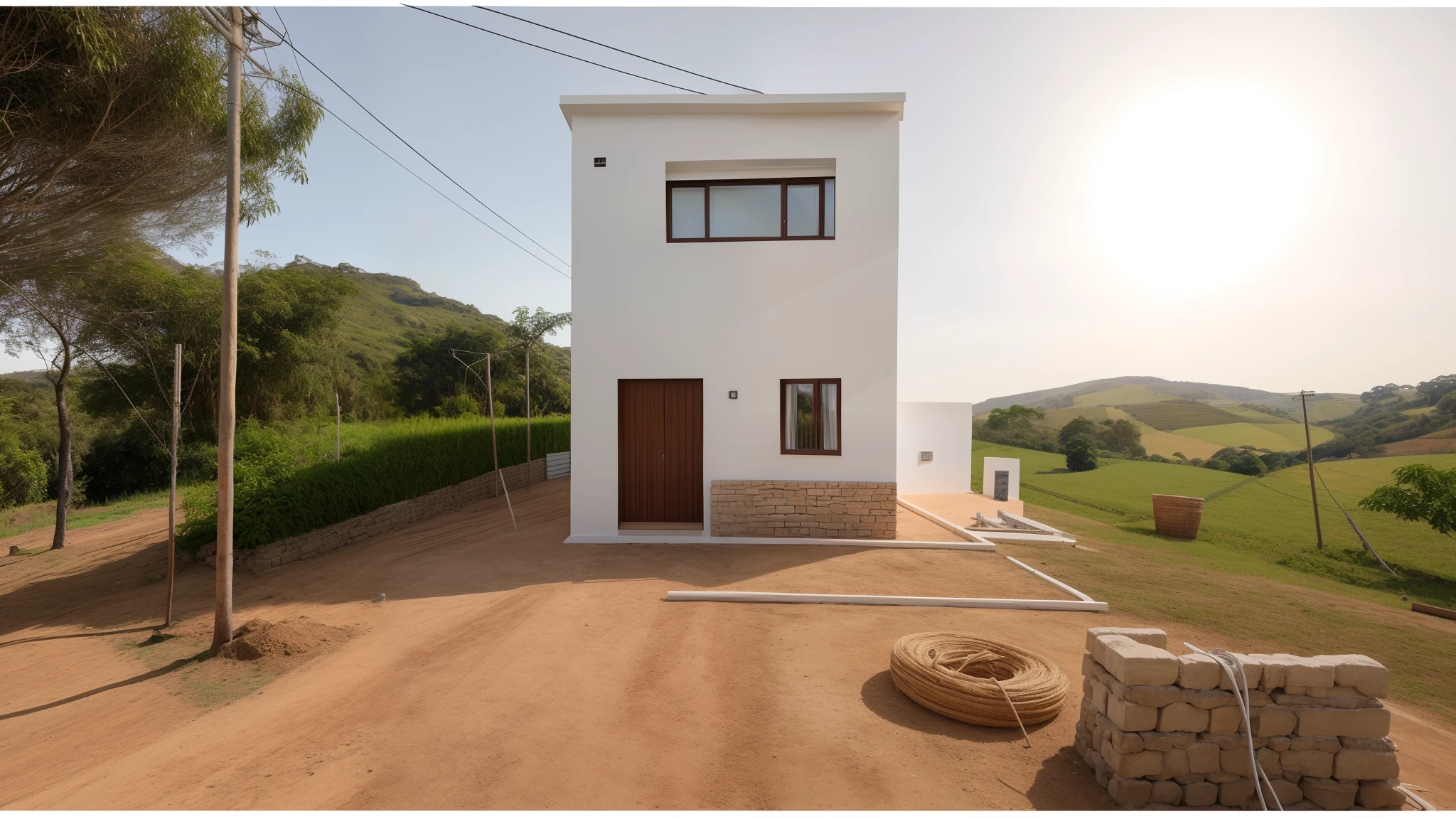 Realistic photo of a small building in the countryside being built on Earth, Casa de um andar completa, vista frontal, vista lateral frontal, casa no campo, Completo - Vista, Testa cheia, Fotografia tirada em 2 0 2 3, um tiro do meio da frente, Casa improvisada, Vista lateral de longe, imagem central, imagem frontal.