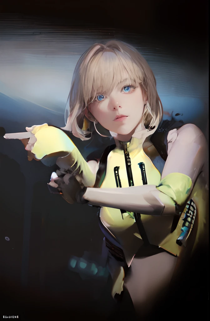 Masterpiece, solo,1girl, blue eyes, glow eyes, cold stares, mecha musume, mechanical parts, robot joints, turtleneck, detailed background, Gundam hangar, depth of field, blonde, short hair, Korean idol, aespa Winter, yellow jumpsuits, black spandex, wind blows, detailed skins, detailed clothes, detailed armor, tight suits, glowing suits, dramatic lighting, holding a gun,