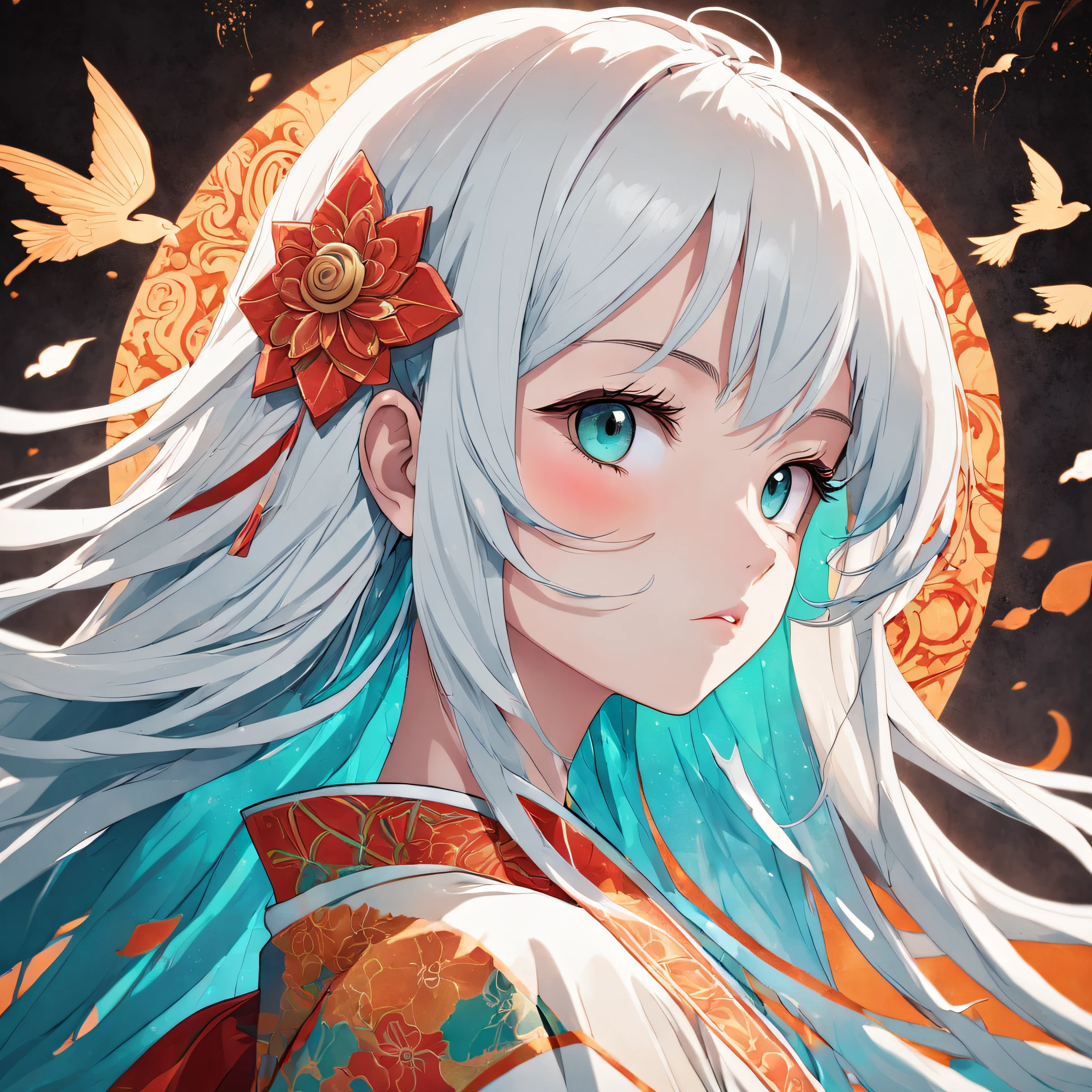 (White background:1.4),(Silhouette of a girl's head, Eyes closed, colorfull long hair, Oriental elements)，(Chinese illustration:1.3，paper art:1.3, Quilted paper art:1.2),( reasonable design, Clear lines, High sharpness,Best quality, Very detailed, Masterpiece, movie light effect, 4K )