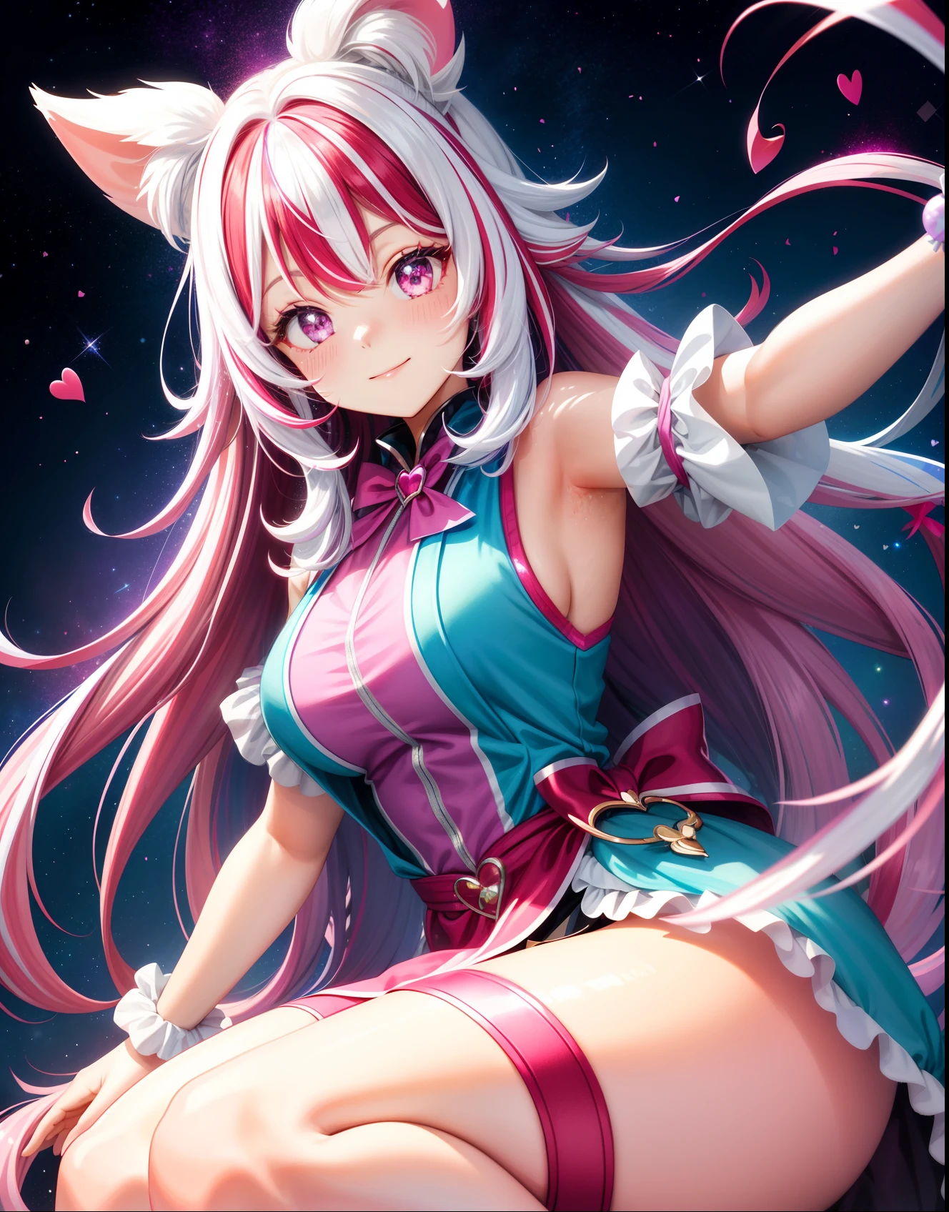 ((magic girl)) ((hair color fuchsia white streaks)) various sizes bright red hearts around, cute heart, glitter powder, picture perfect, space background