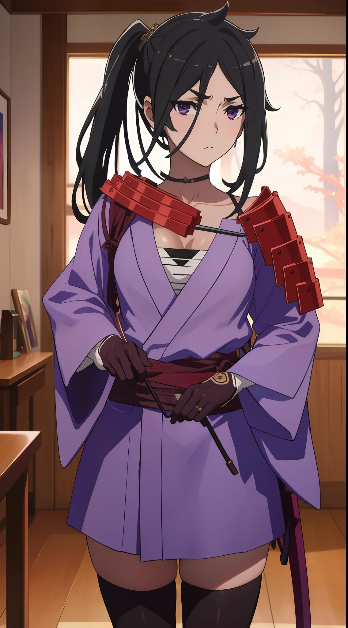 best quality, 4k, ((masterpiece)), extremely detailed, 8k, trending on ArtStation, Intricate, High Detail, Sharp focus,
1girl, solo, weapon, sword, black hair, side ponytail, katana, japanese clothes, shoulder armor, black thighhighs, kimono, gloves,sheathed,sarashi, looking at viewer, purple eyes, zettai ryouiki, cowboy shot,