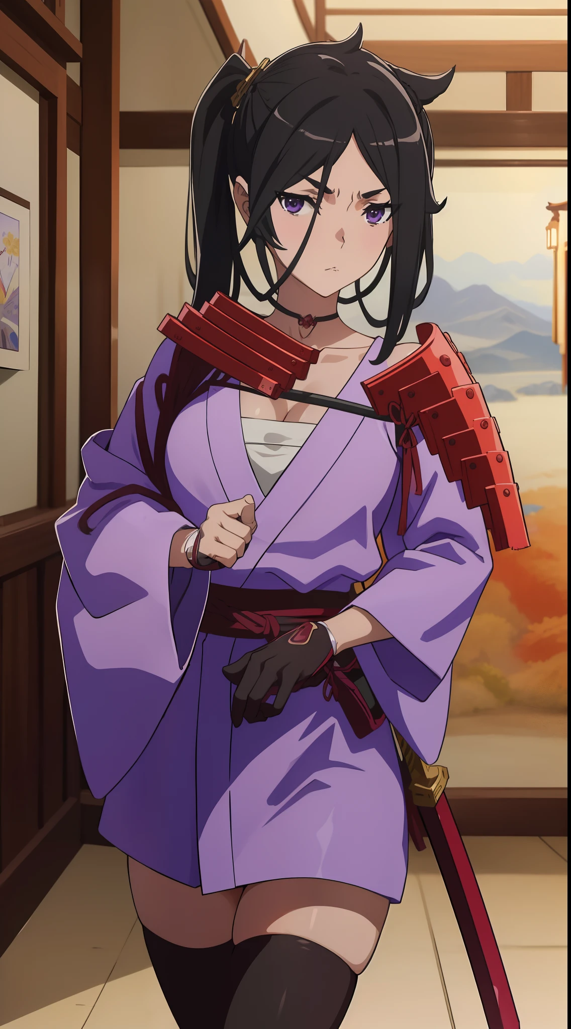 best quality, 4k, ((masterpiece)), extremely detailed, 8k, trending on ArtStation, Intricate, High Detail, Sharp focus,
1girl, solo, weapon, sword, black hair, side ponytail, katana, japanese clothes, shoulder armor, black thighhighs, kimono, gloves,sheathed,sarashi, looking at viewer, purple eyes, zettai ryouiki, cowboy shot,