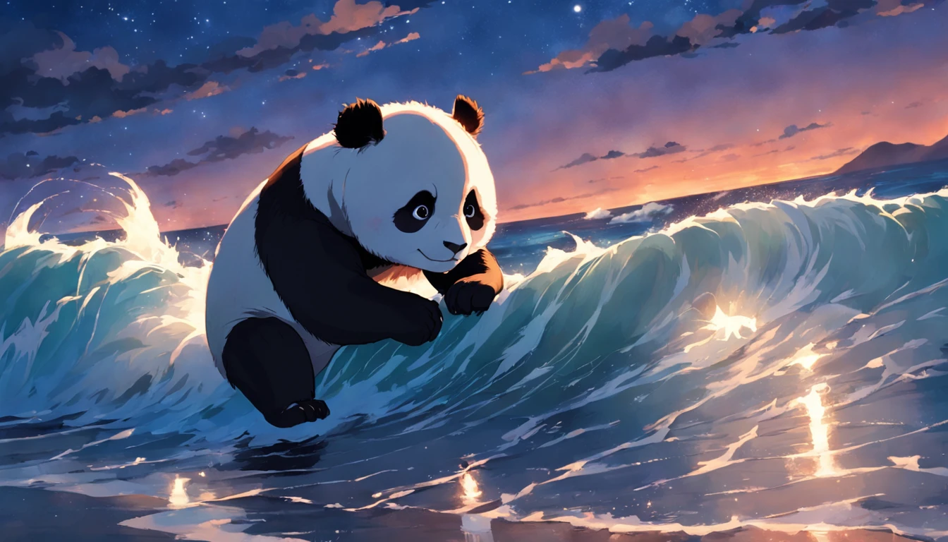 obra-prima, melhor qualidade, filme ainda, 1panda, panda nuvem, surfando no mar, Close-up, brilhante, Feliz, Soft lighting and Warm, noite, Starry Sky, (Sparks: 0,7)
