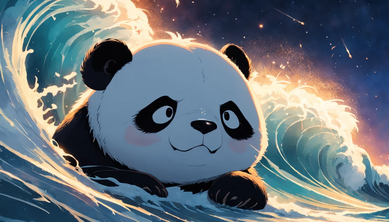 obra-prima, melhor qualidade, filme ainda, 1panda, panda nuvem, surfando no mar, Close-up, brilhante, Feliz, Soft lighting and Warm, noite, Starry Sky, (Sparks: 0,7)