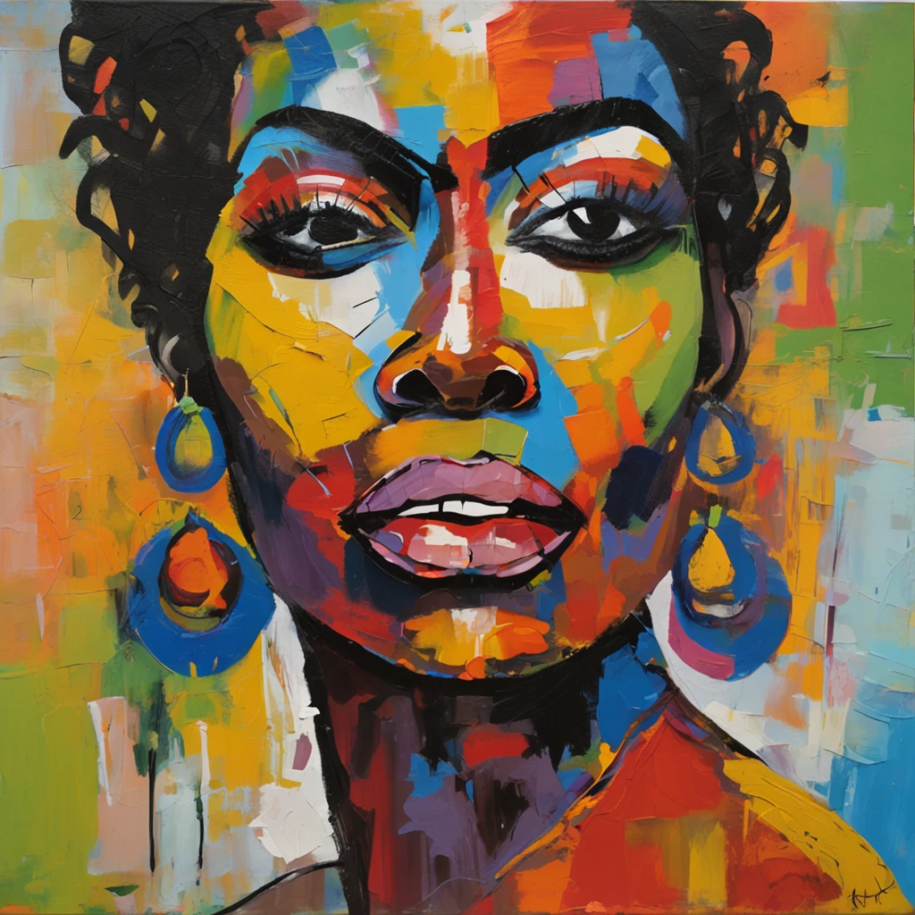 Face painting of a black woman, African ethnic race, with a colorful background, abstract face, abstract portrait, stylized face, Pop Art Painting, highly expressive detailed face, expressive female face, inspired by Picasso, a pop art painting, pretty painting expressive, detailed face of a woman from an African tribe Detailed expression, picasso style, cubism style